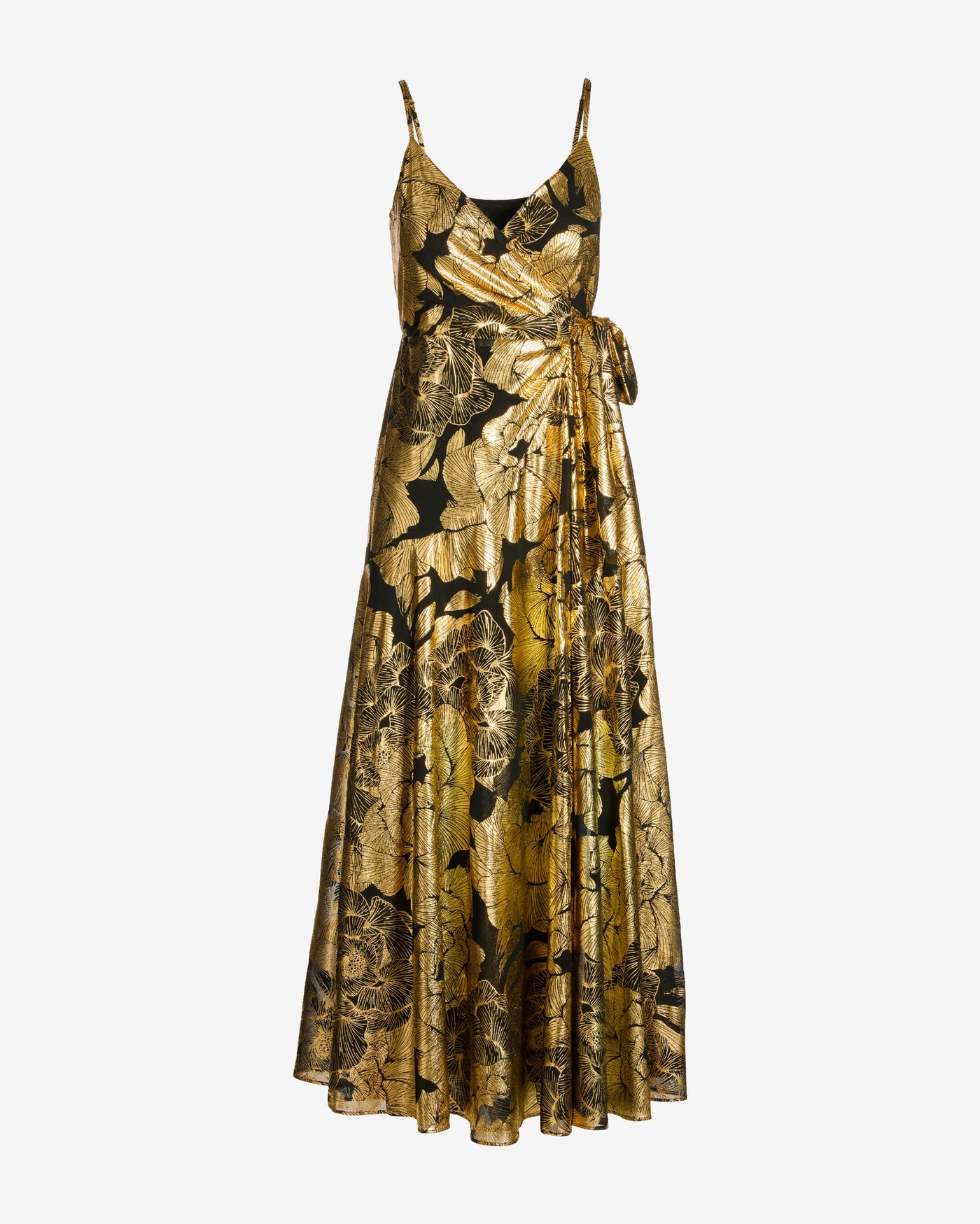 Metallic Foil Floral Wrap Maxi Dress Black/Gold