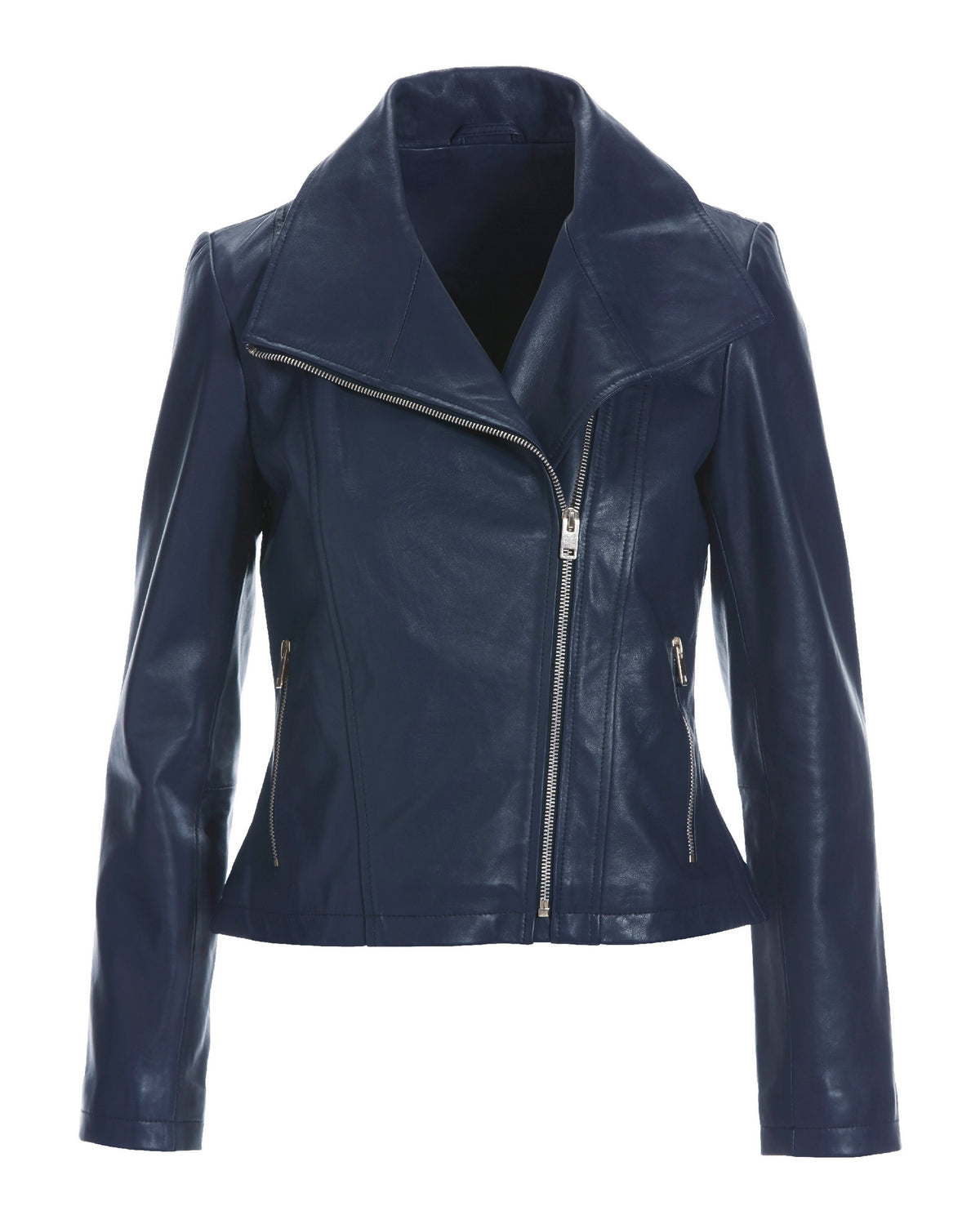 Leather Collared Moto Jacket Navy
