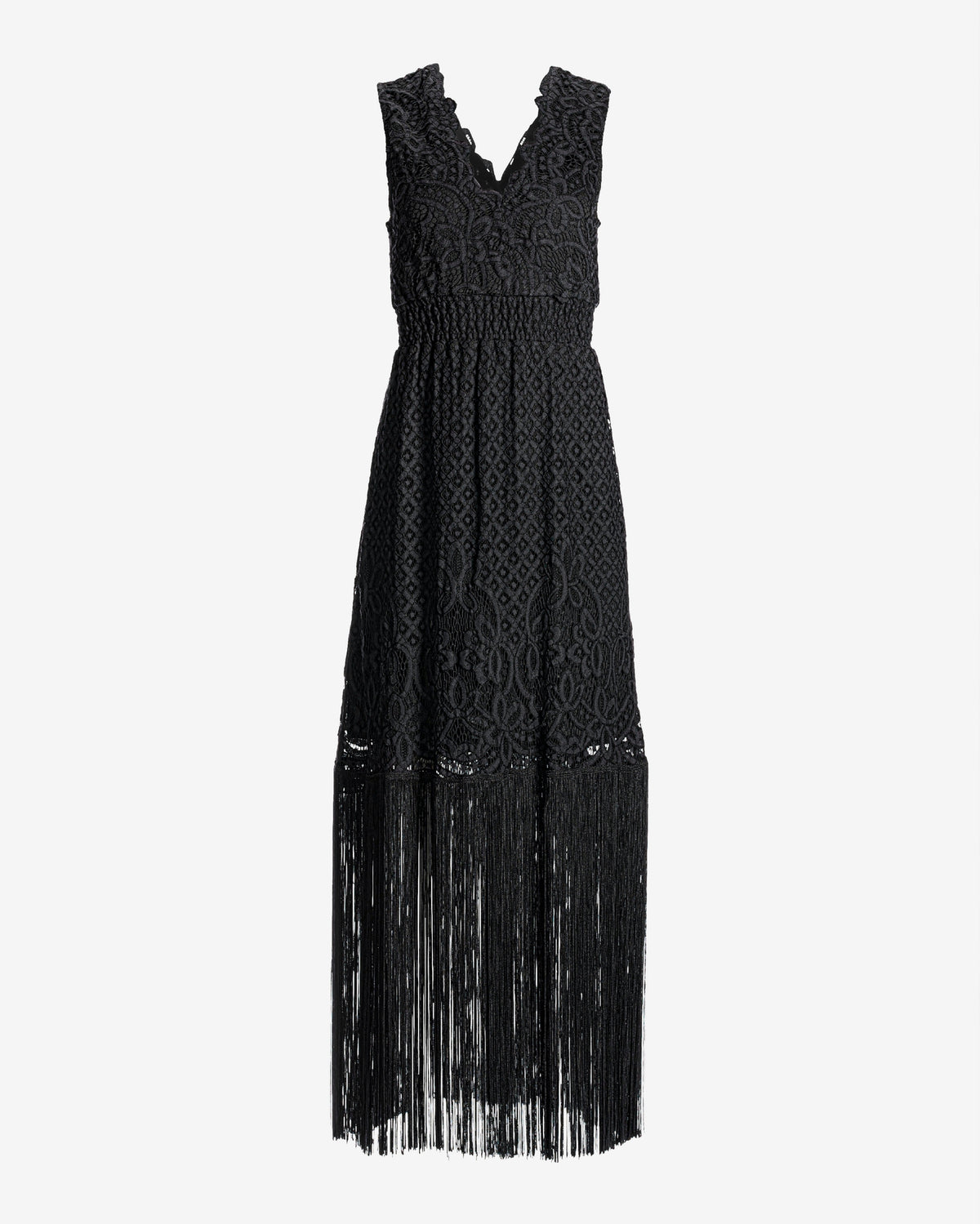 Lace V Neck Fringe Dress Black