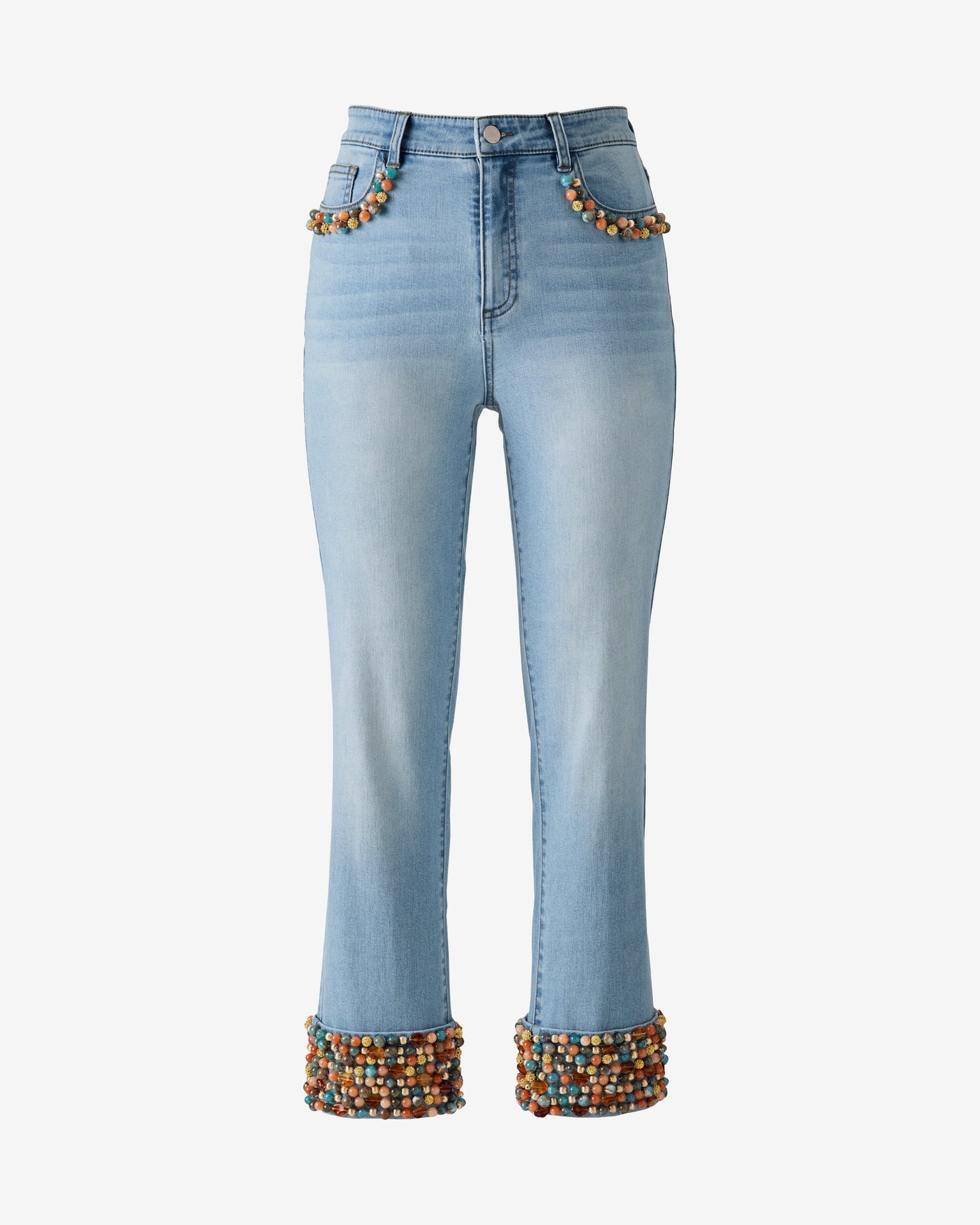 Stone Beaded Cuff Cropped Straight Jean Light Wash