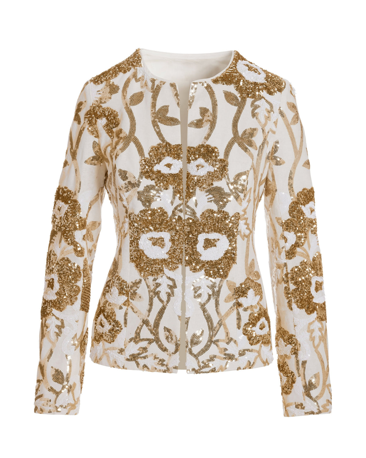 Floral Sequin Embellished Linen Jacket White Multi
