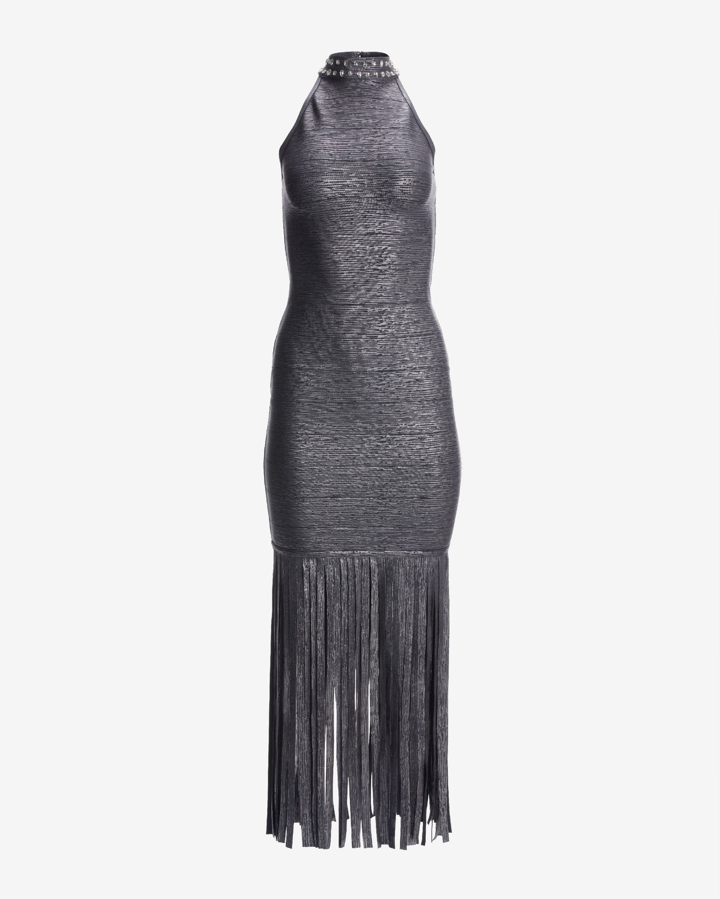 Mock Neck Embellished Bandage Fringe Maxi Dress Gray/Silver