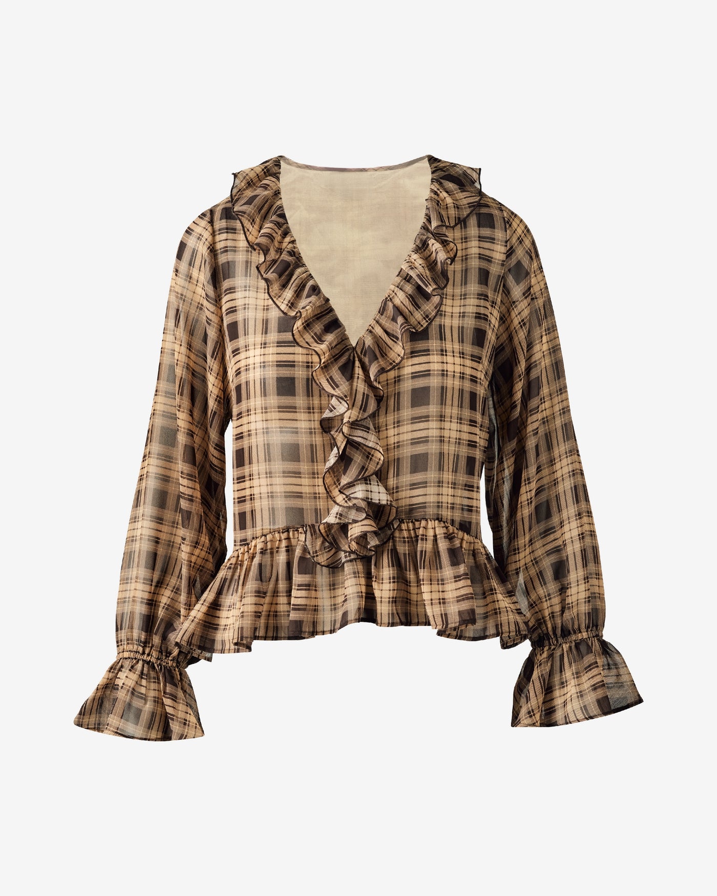 Printed Ruffle Blouse Plaid Fete