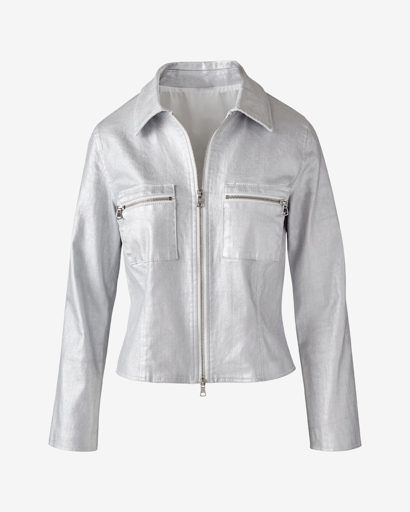 Cropped Zip Front Coated Denim Jacket Silver Metallic