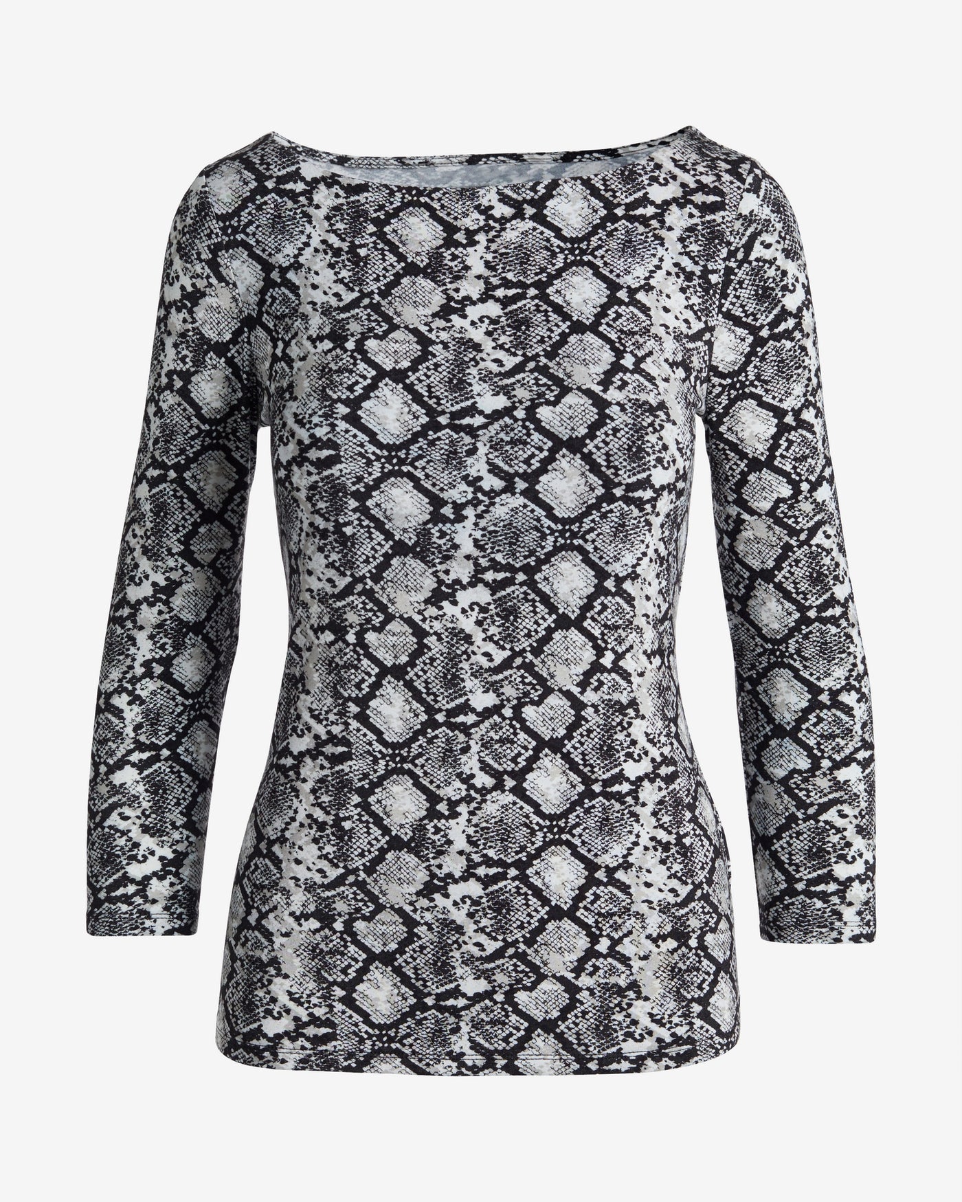 So Effortless Printed Boat Neck 3/4 Sleeve Knit Top Sunset Snake