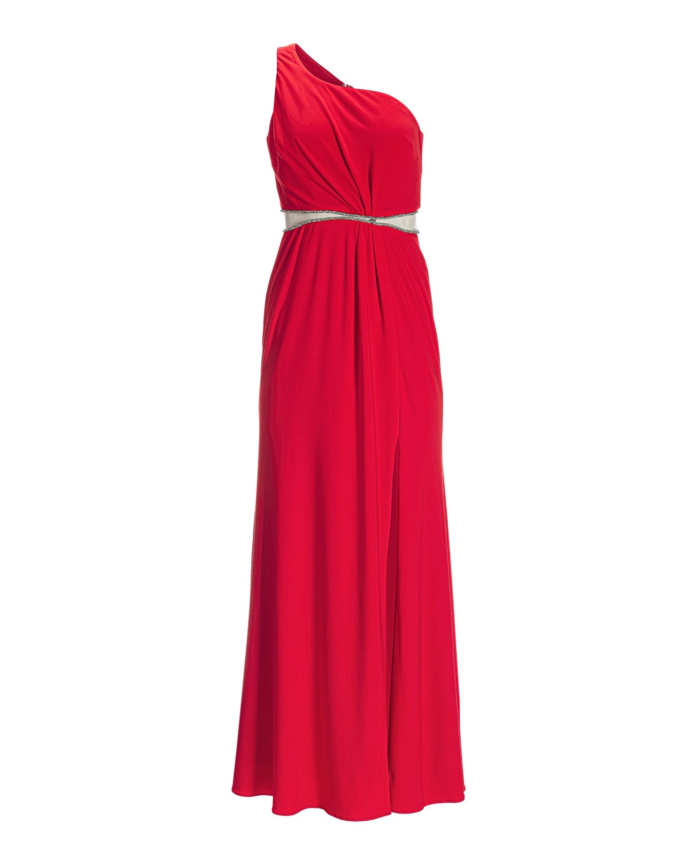 One Shoulder Crystal Embellished Knit Gown Racing Red