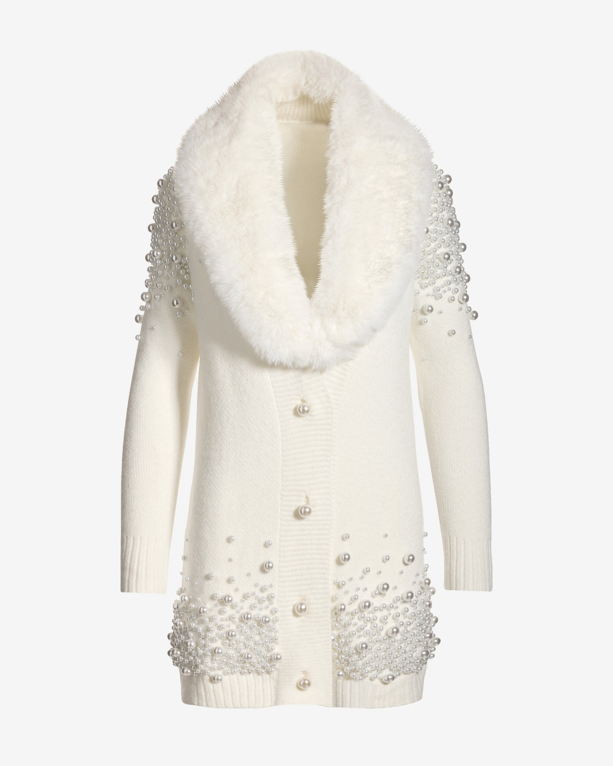 Faux Fur Collar Pearl Embellished Cardigan Sweater Off White
