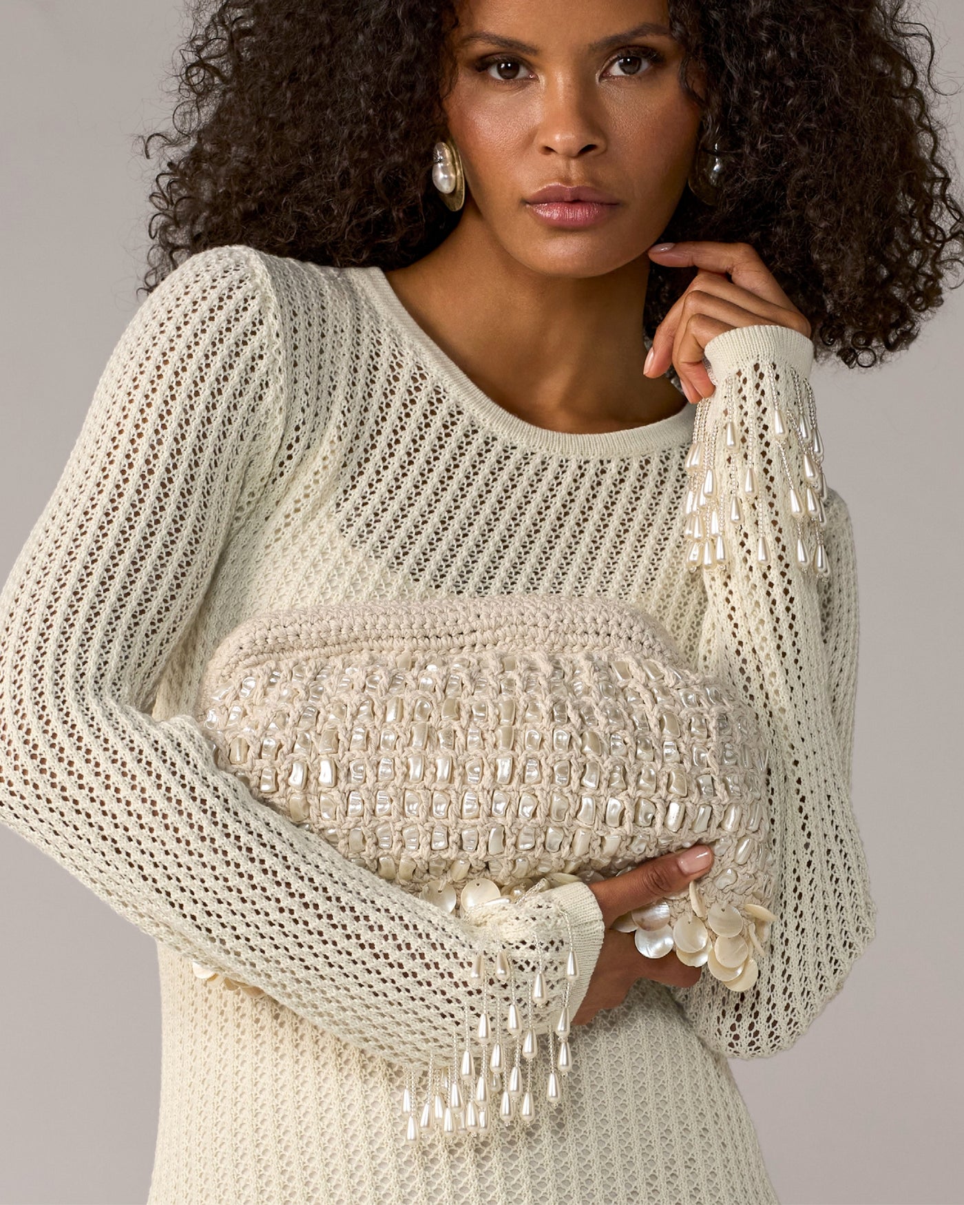 Pearl Woven Clutch White/Natural