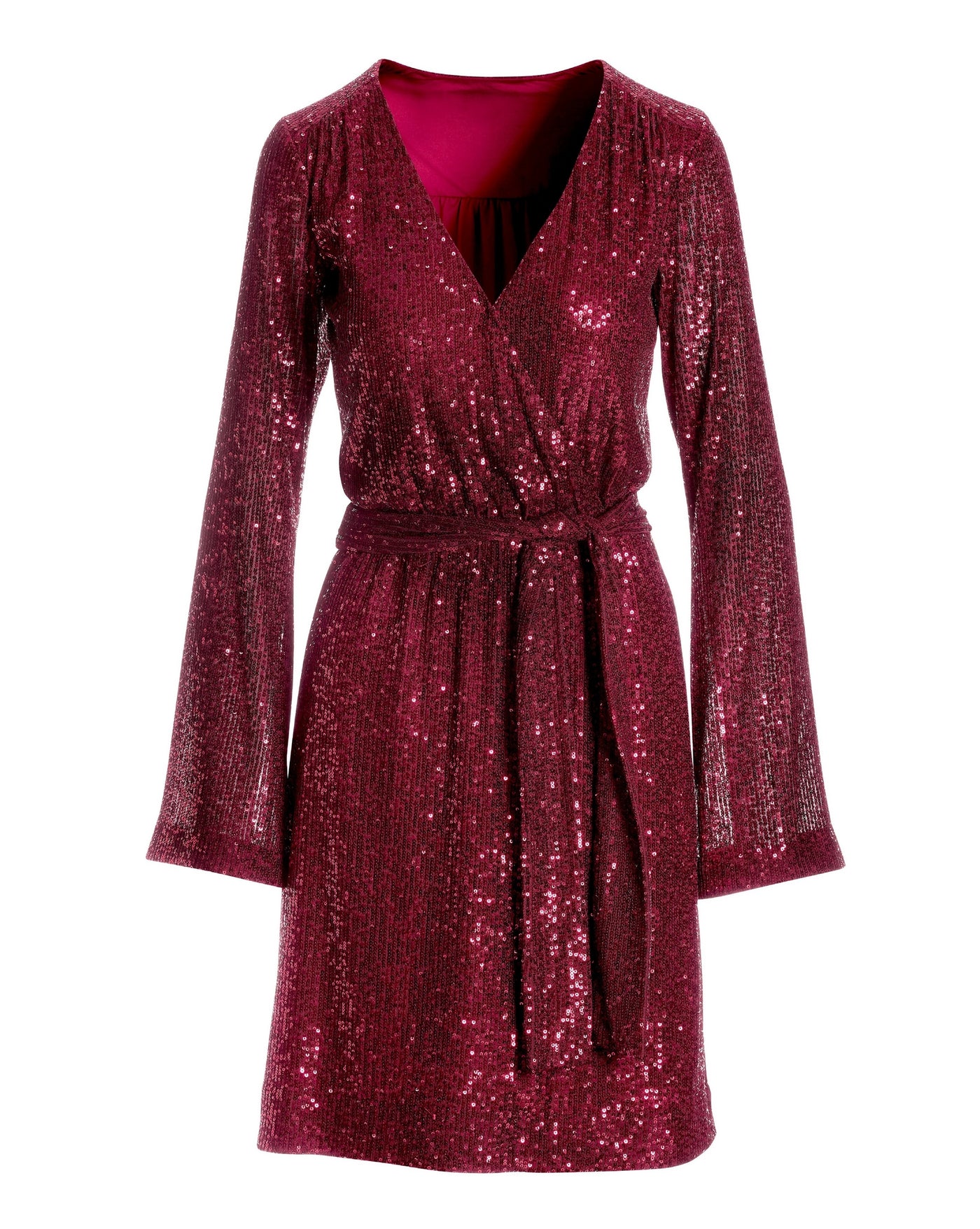 Sequin Tie Waist Bell Sleeve Dress Jester Red