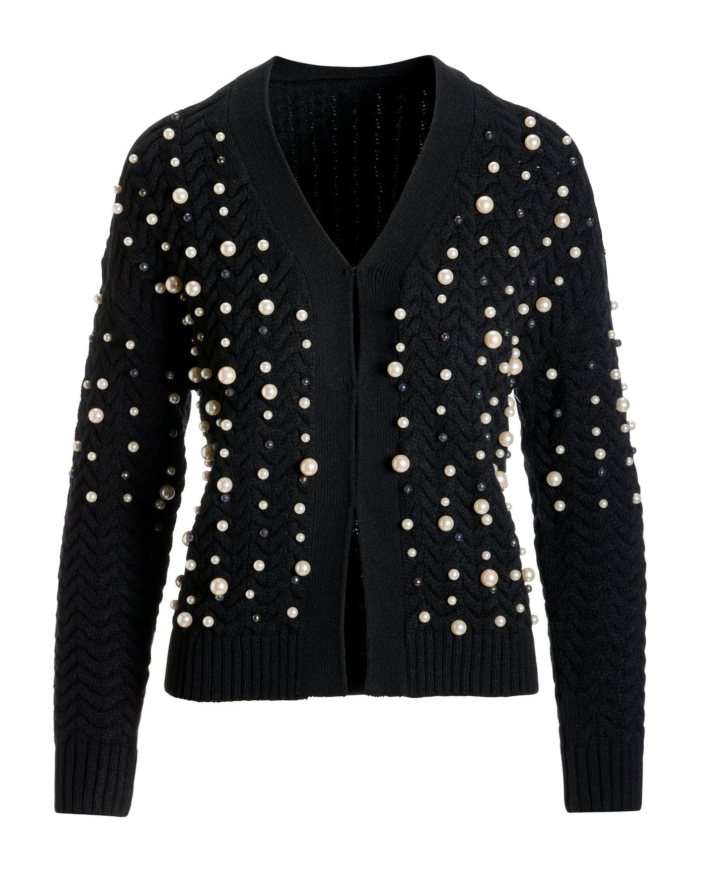 Pearl Embellished Cable Cardigan Black