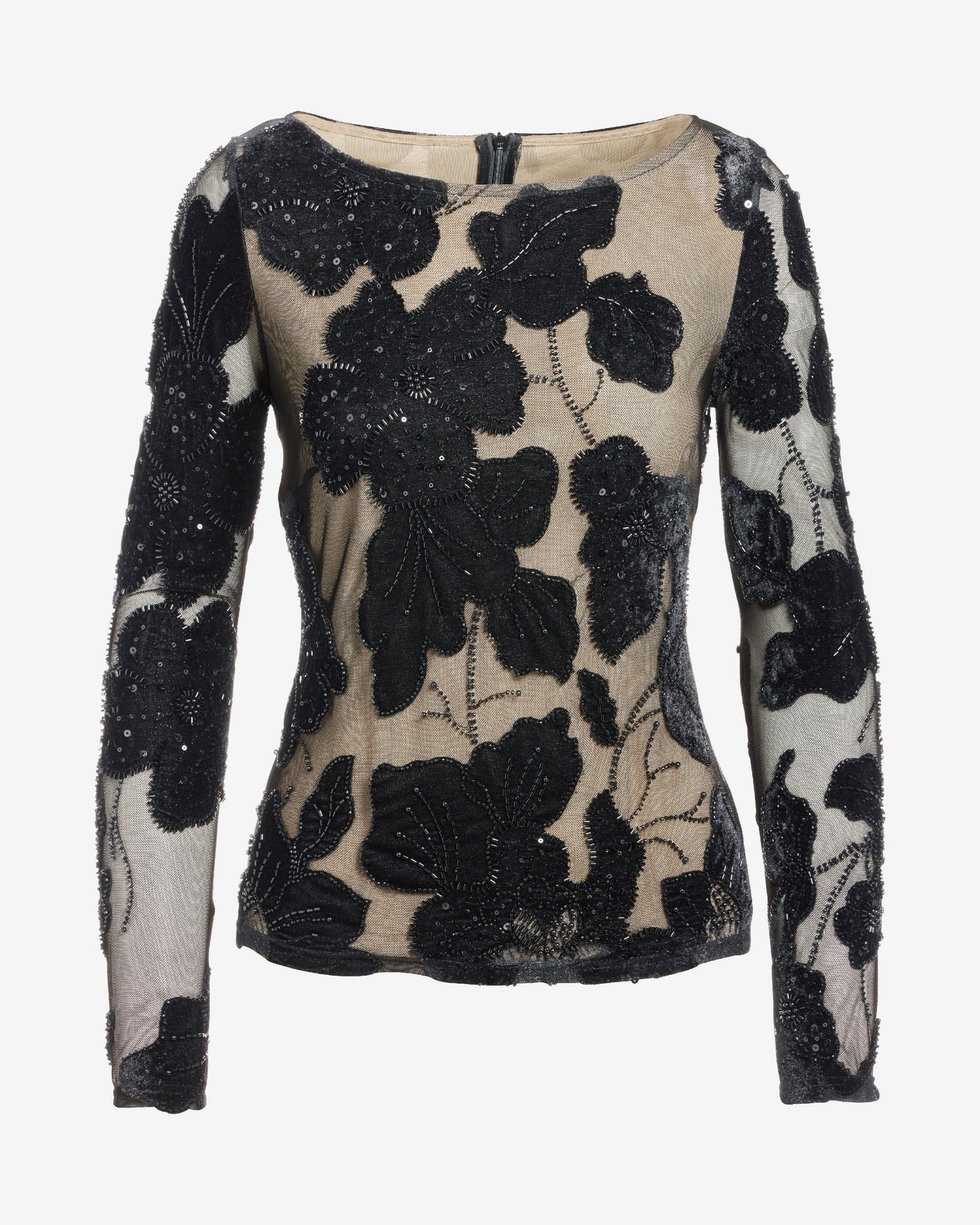 Flower Applique Mesh Long Sleeve Knit Top Proper Black