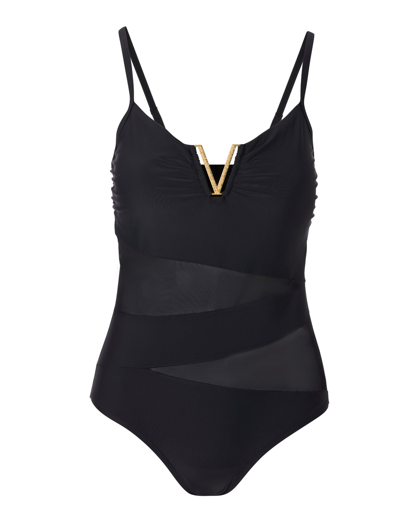 Embellished V-Neck Hardware Mesh One-Piece Swimsuit Black