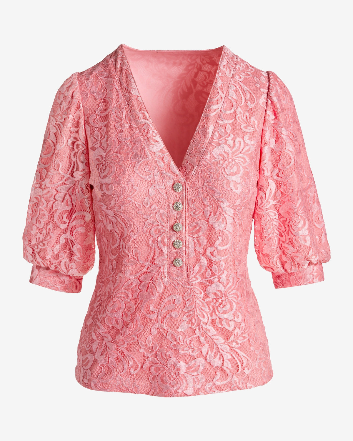 Lace Embellished Button Puff Sleeve Knit Top Flamingo Pink