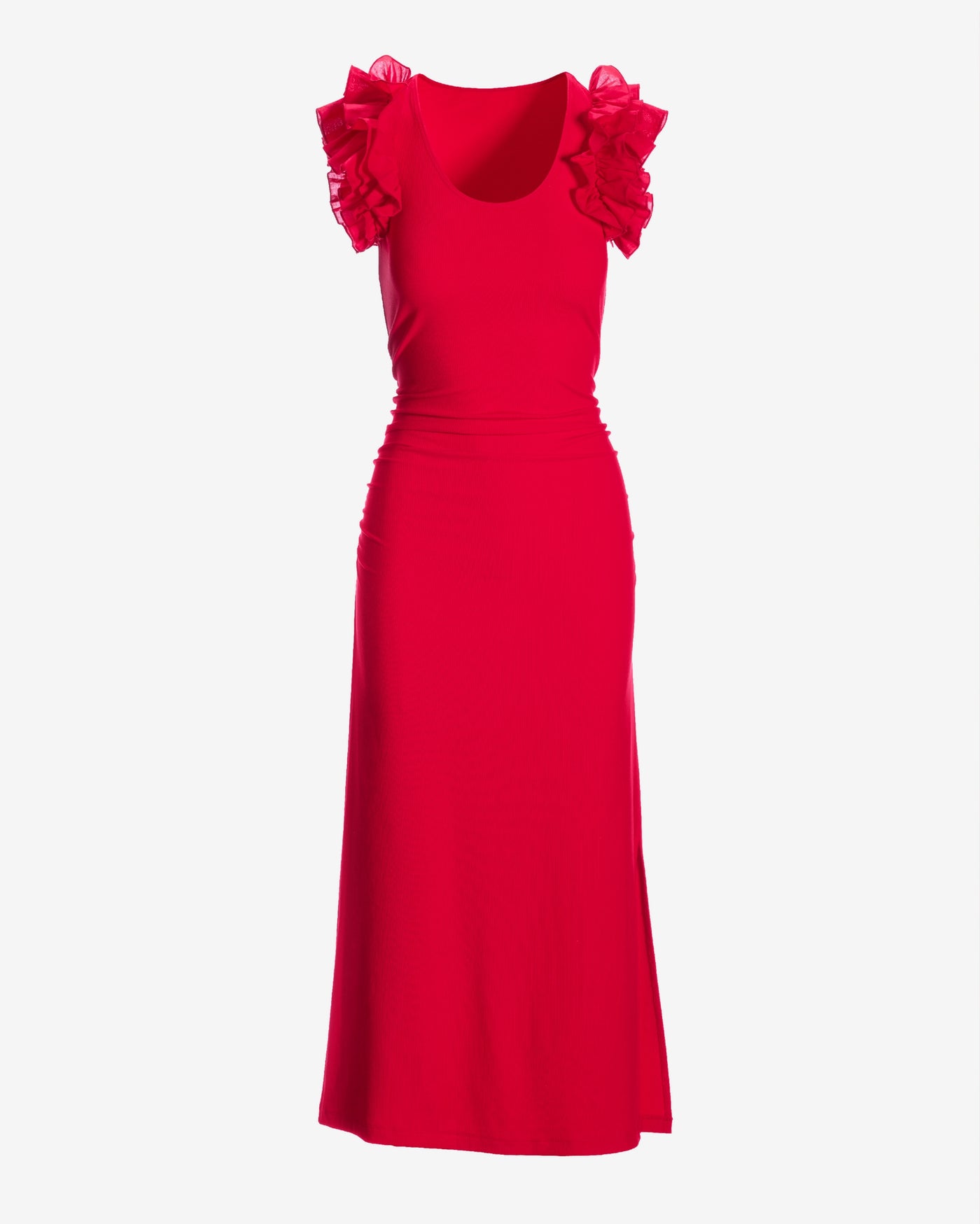 Ruffle Knit Rib Ruched Dress Racing Red
