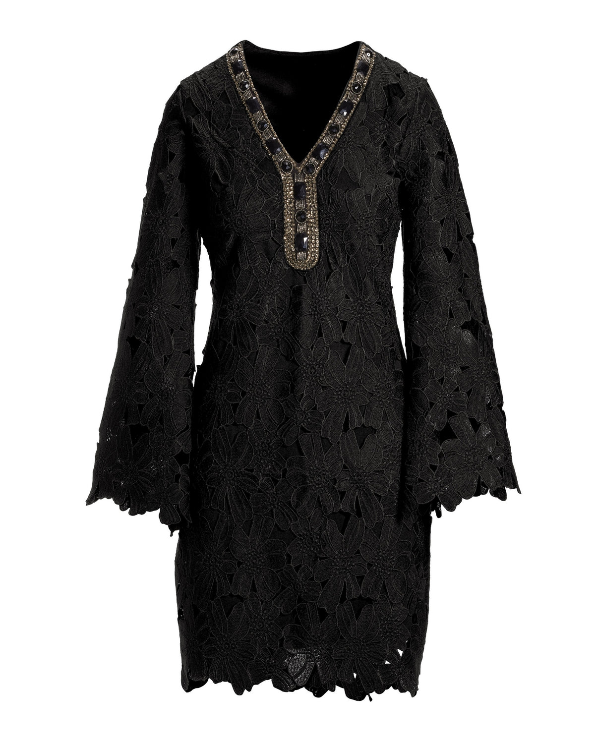 Flare Sleeve Lace Embellished Tunic Dress Black