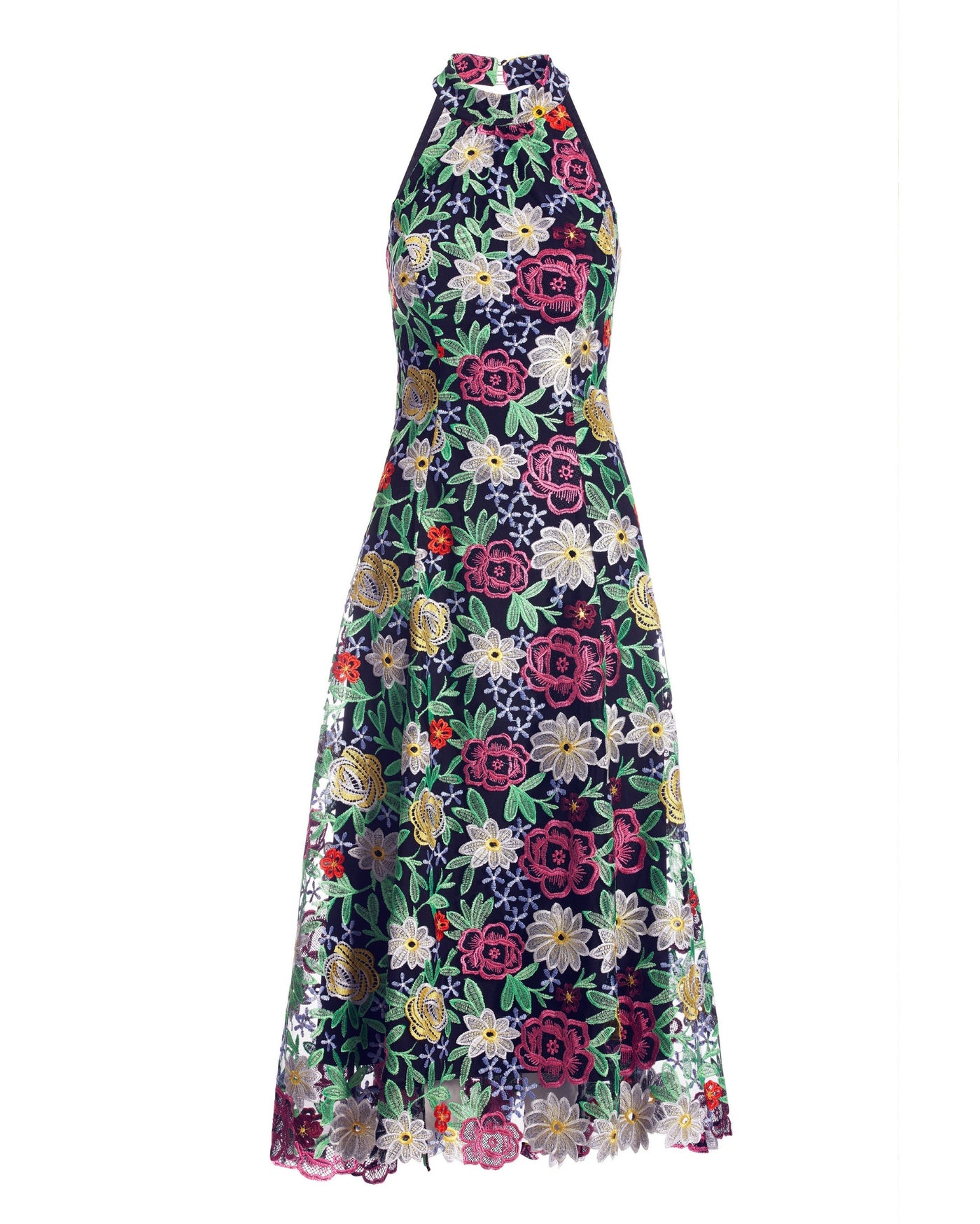 High Neck Floral Lace Trumpet Dress Black Multi