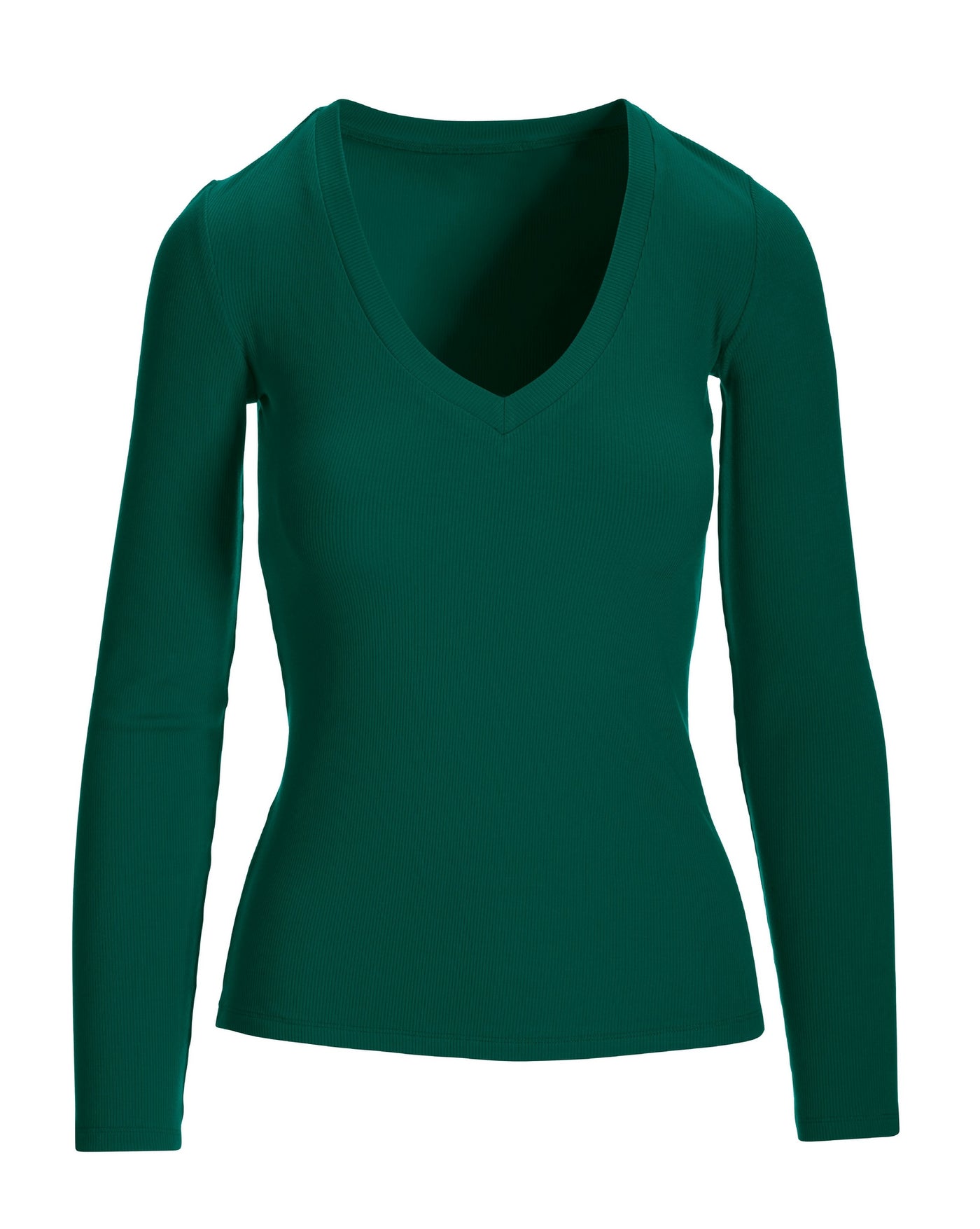 So Essential Ribbed V Neck Long Sleeve Top Deep Emerald