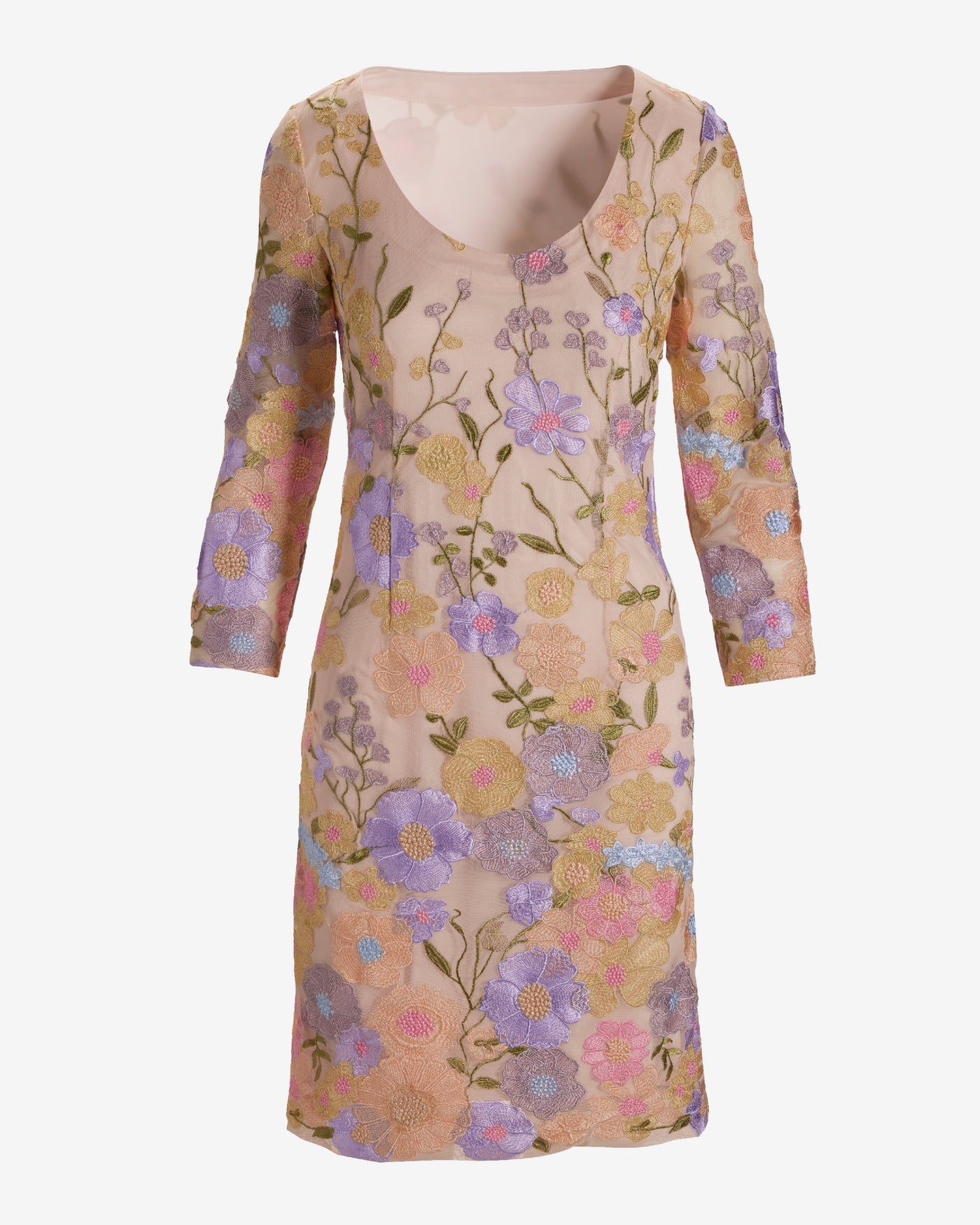 Pastel Embroidered Mesh Three Quarter Sleeve Sheath Dress Multi