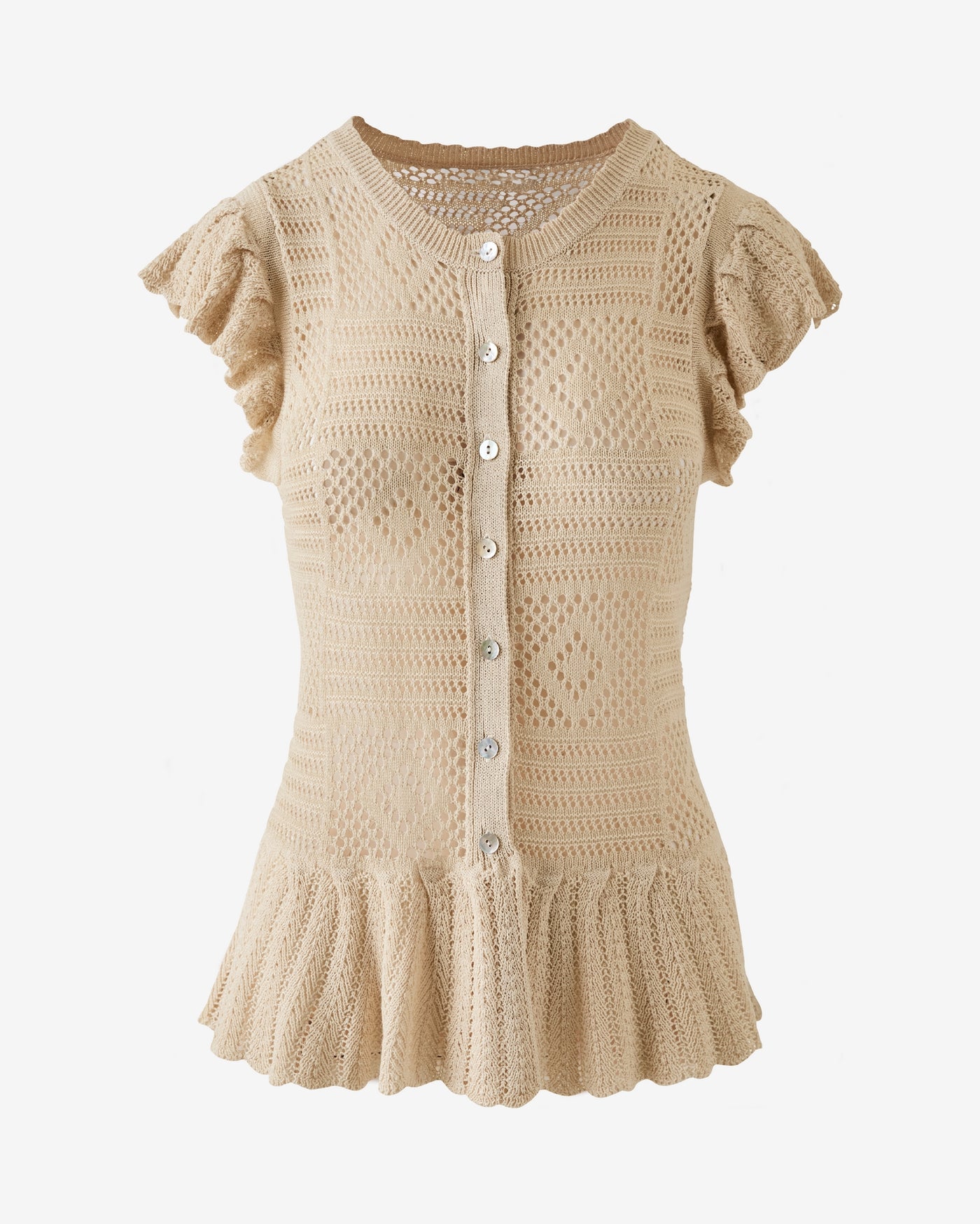 Button Front Pointelle Sweater Top Sandshell
