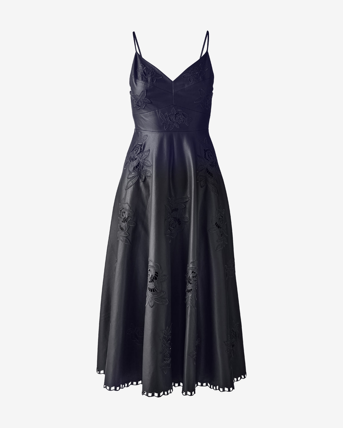 Faux Leather Floral Cut Out Fit and Flare Dress Black