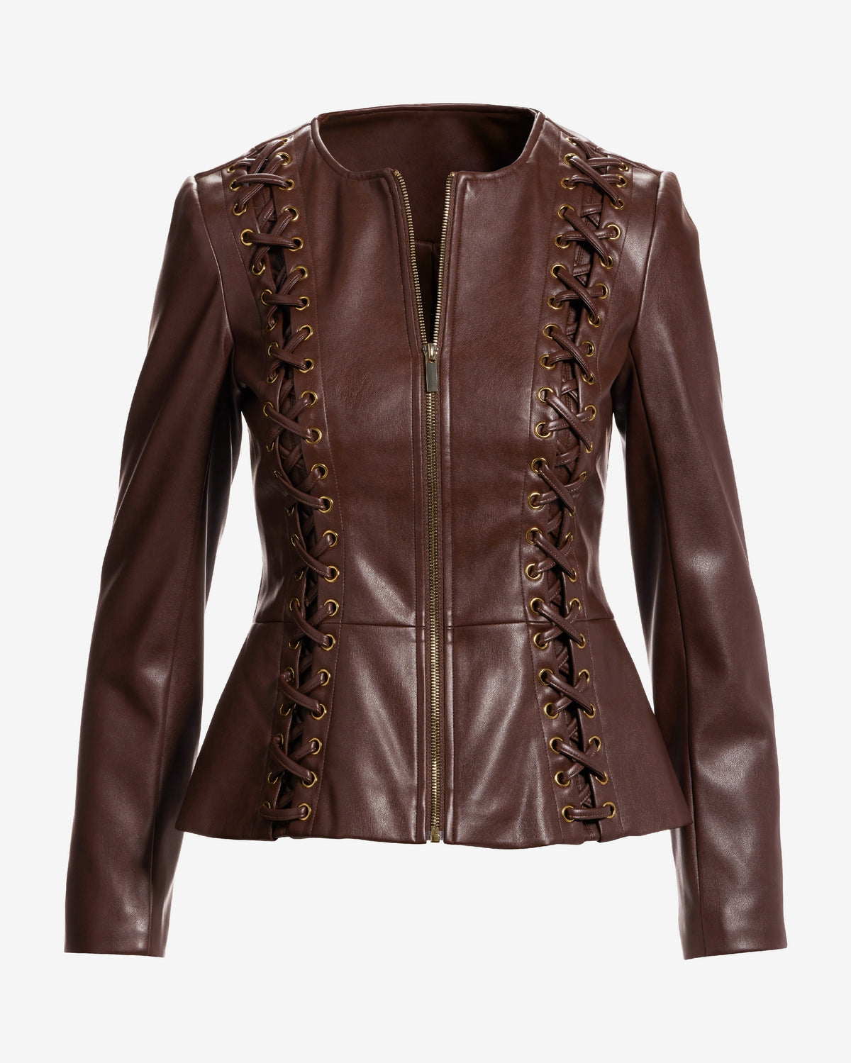 Faux Leather Lace Up Grommet Collarless Peplum Jacket Chocolate