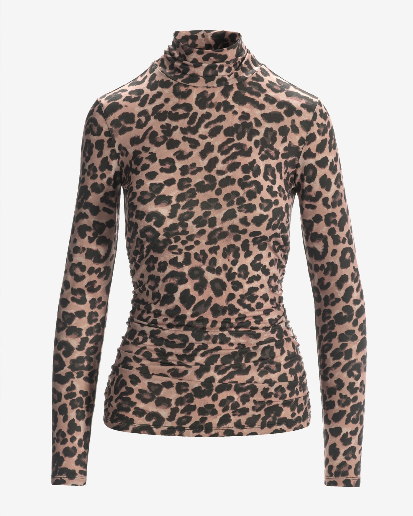 So Chic Winter Cheetah Ruched Turtleneck Top Brown