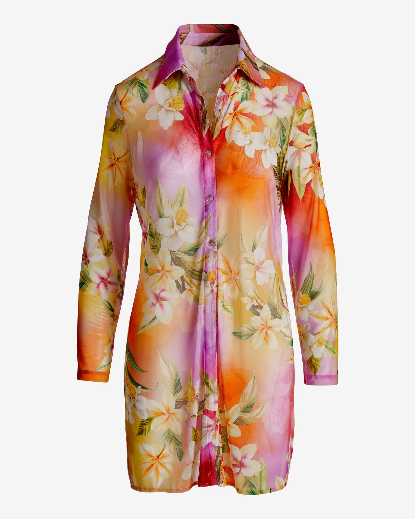 Swim Sense Mesh Print Button Up Shirt Ombre Floral
