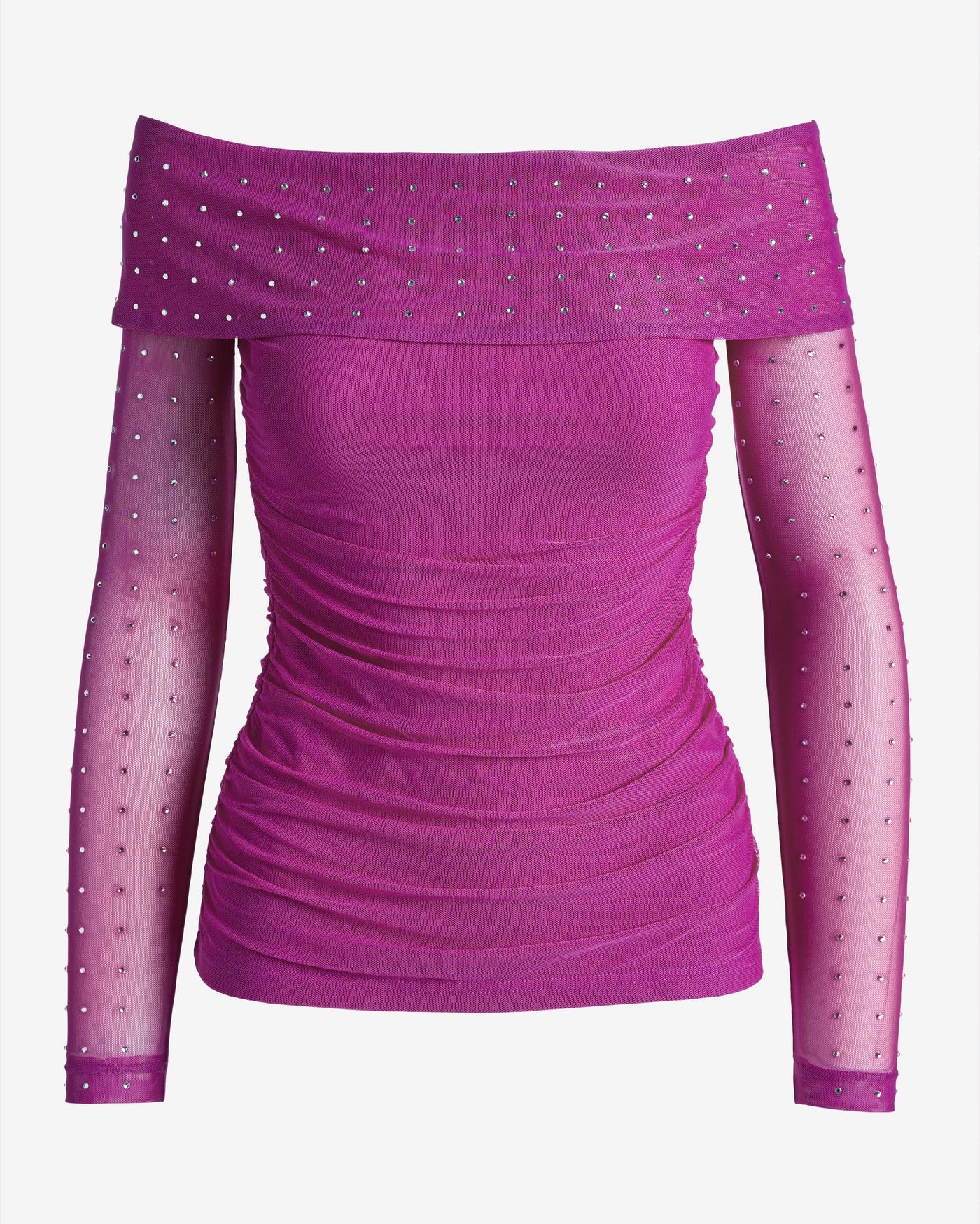 Rhinestone Mesh Ruched Off the Shoulder Knit Top Fuchsia