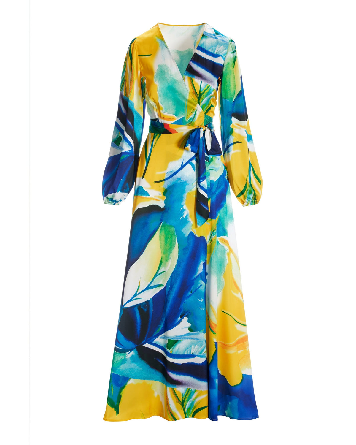 Valencia Florals Print Charmeuse Wrap Maxi Dress Blue/Yellow