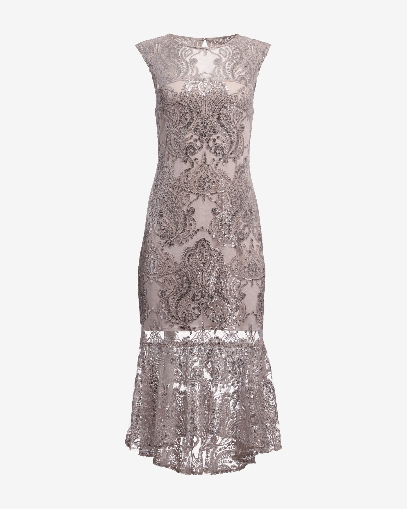 Sequin Illusion Lace Midi Dress Pink/Silver