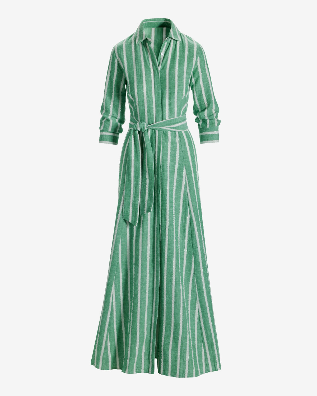 Metallic Stripe Linen Three Quarter Sleeve Maxi Shirt Dress Green/White