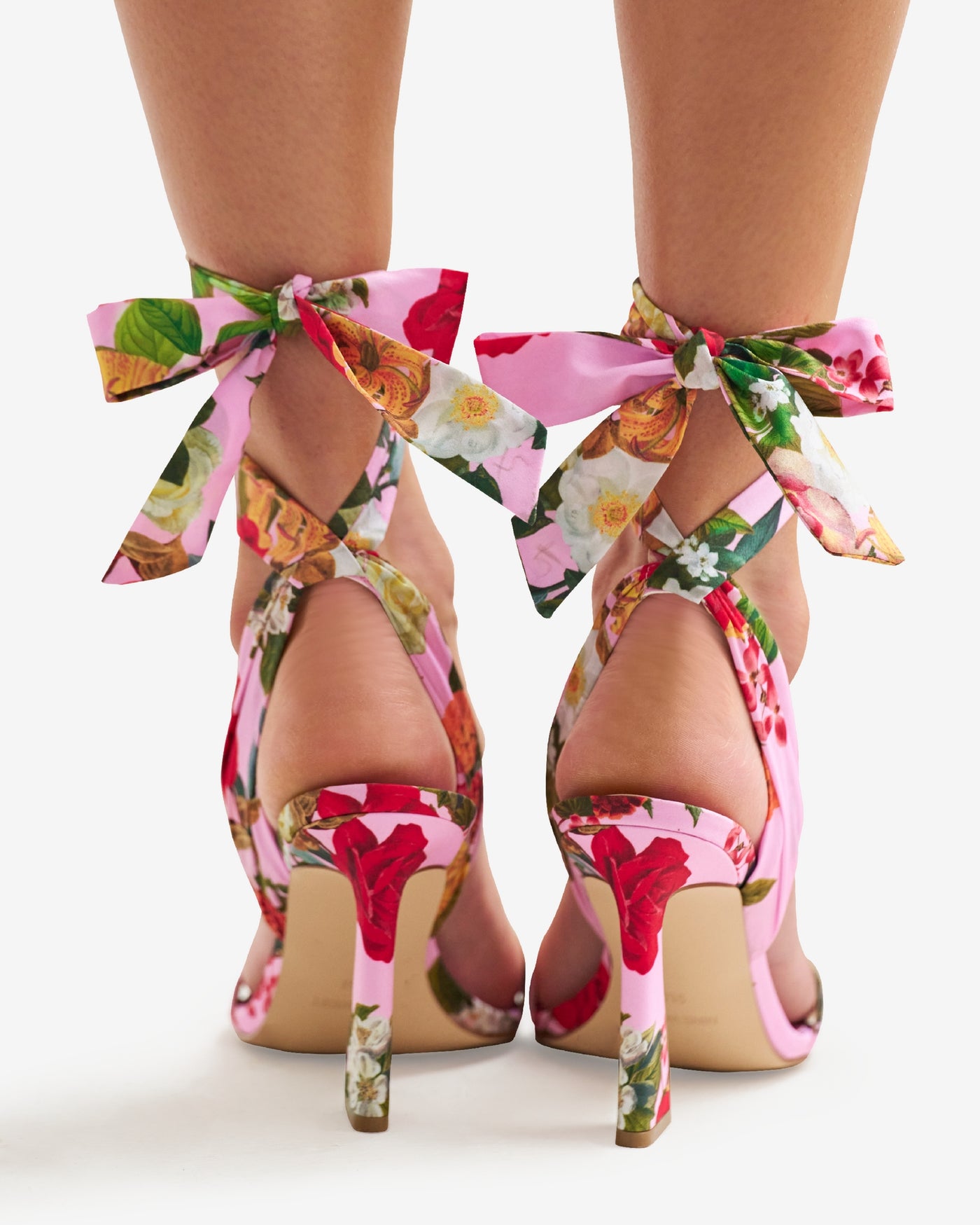 Floral Printed Ankle Wrap Heel Pink Multi