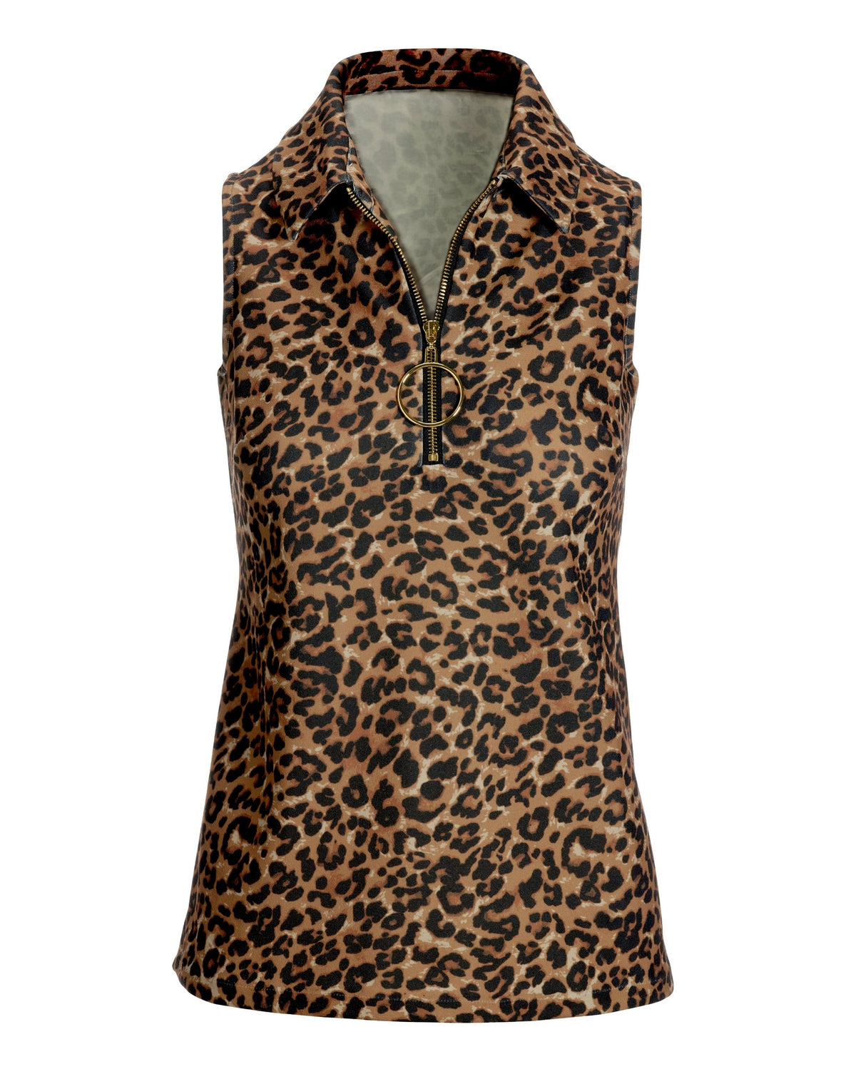 Leopard Zip-Up Collared Knit Top Multi