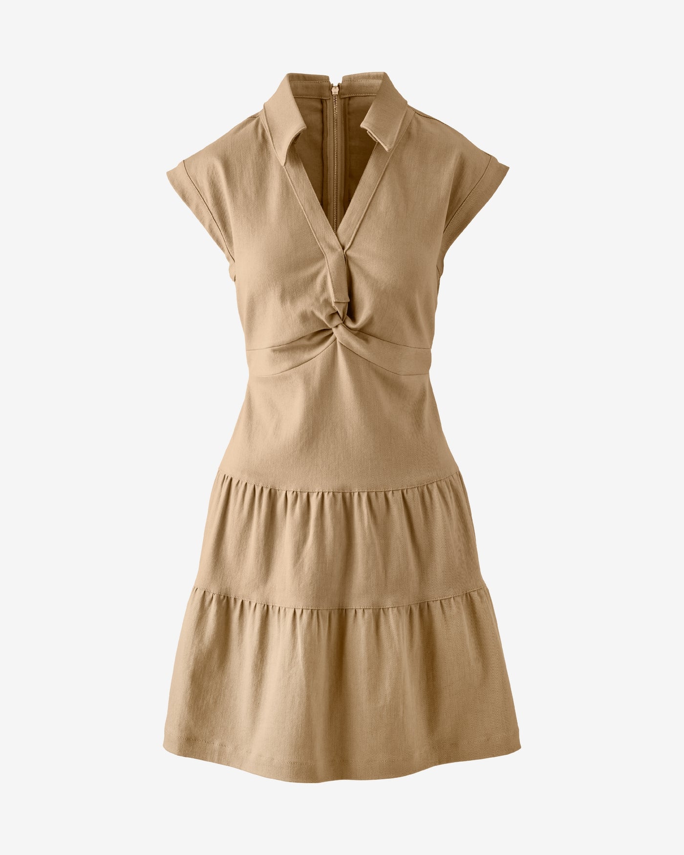 Front Knot Collared Tiered Denim Dress Khaki