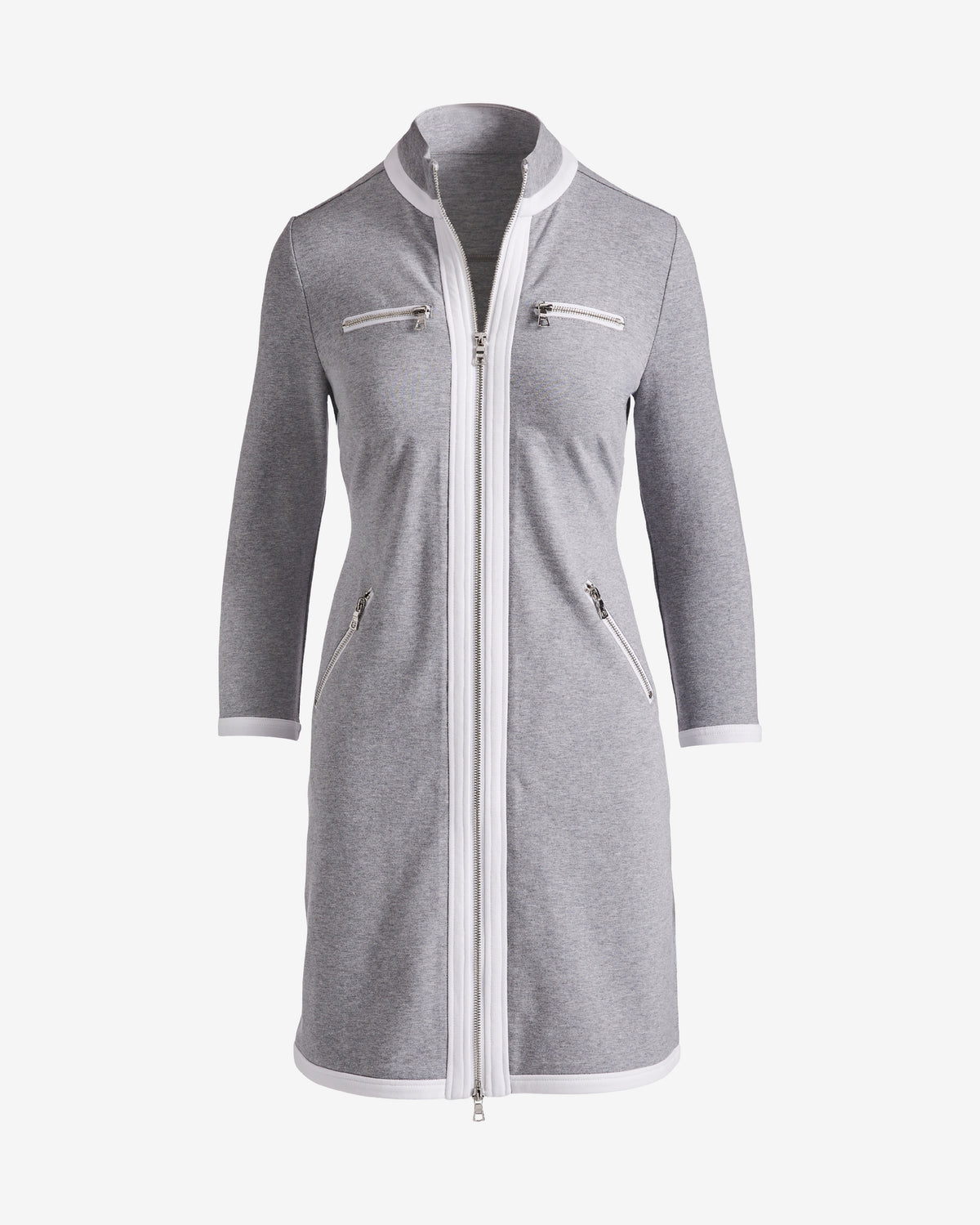 Chic Zippered Three Quarter Sleeve Dress Heather Gray/White