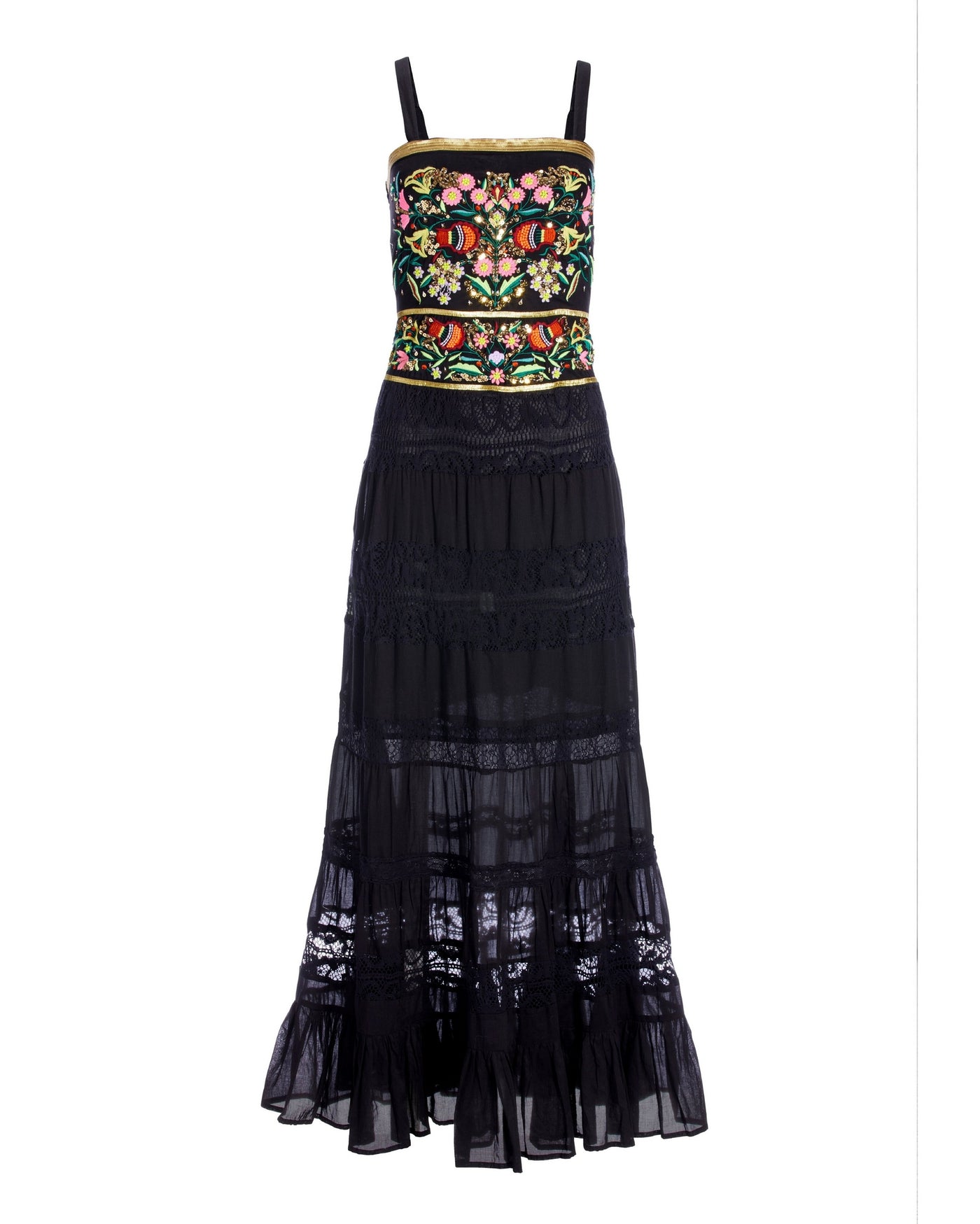 Sequin and Embroidered Lace Inset Maxi Black Multi