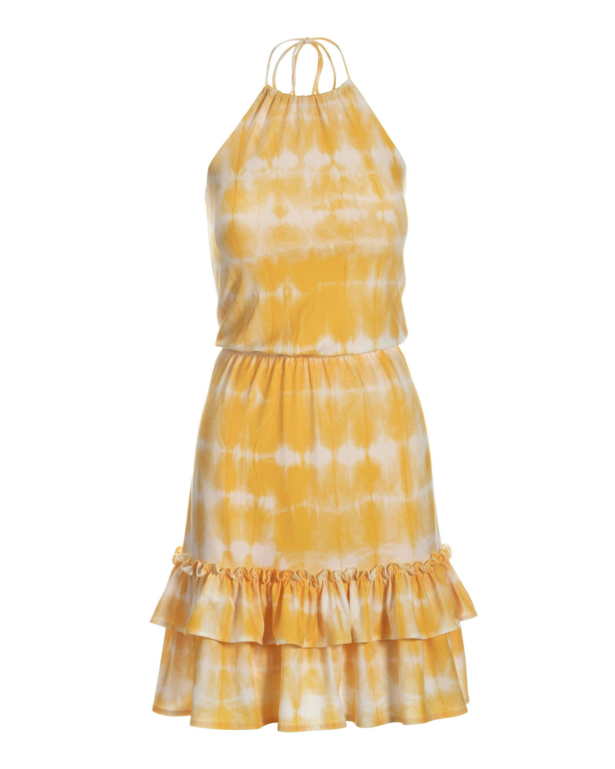 Golden Dye Print Cinch-Waist Ruffle Dress Yellow
