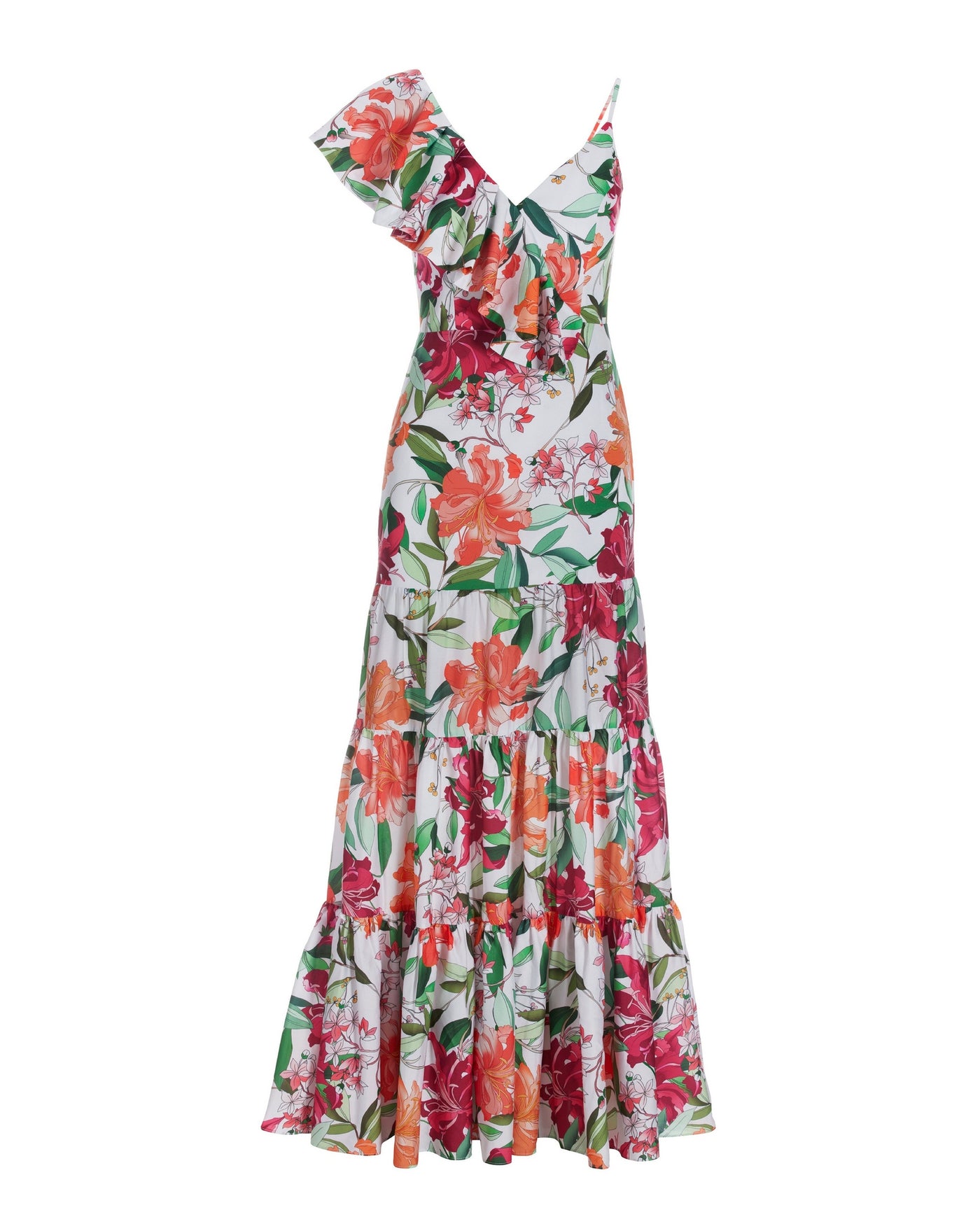 Hibiscus Dreams Print Asymmetrical Ruffle Detail Maxi Dress Purple