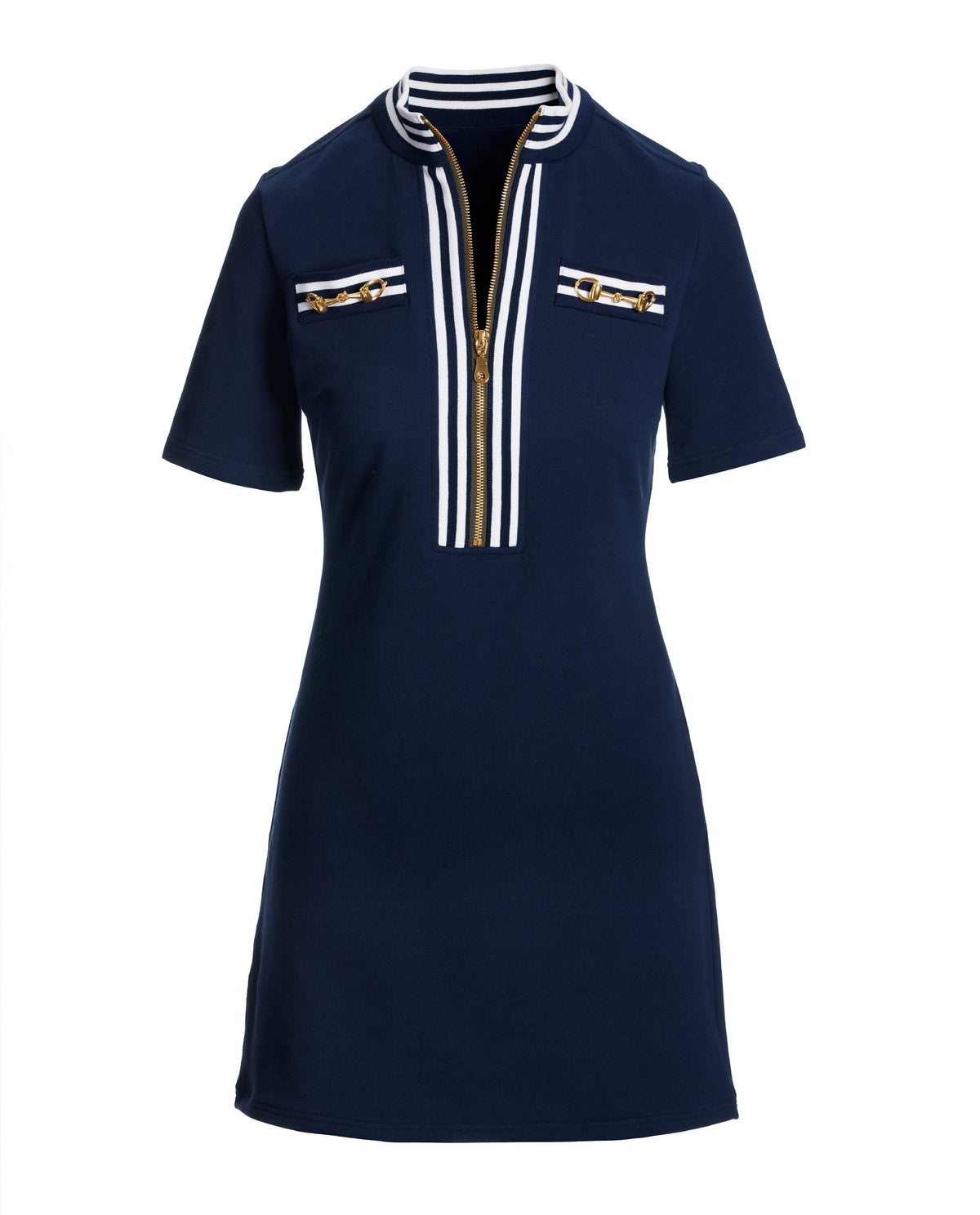 Striped French Terry Hardware Zipper Dress Navy/White