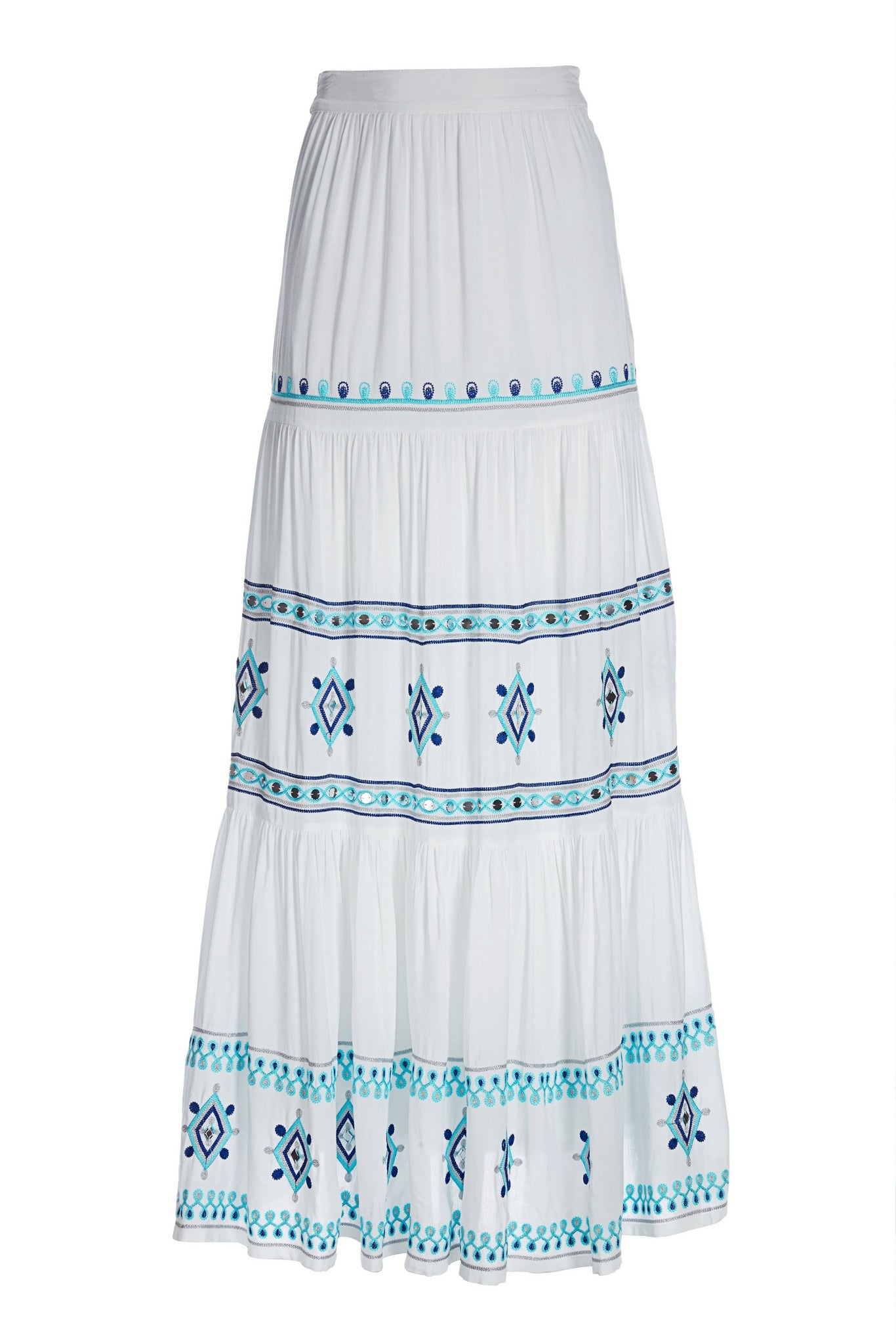 Mirror Embellished and Embroidered Maxi Skirt White