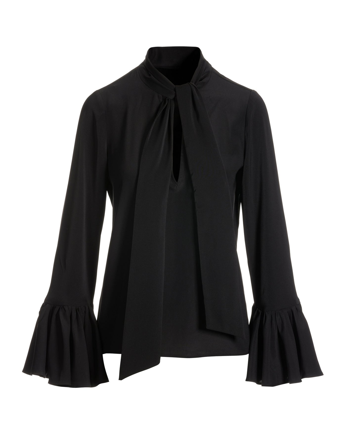 Keyhole Tie Neck Ruffle Sleeve Blouse Black