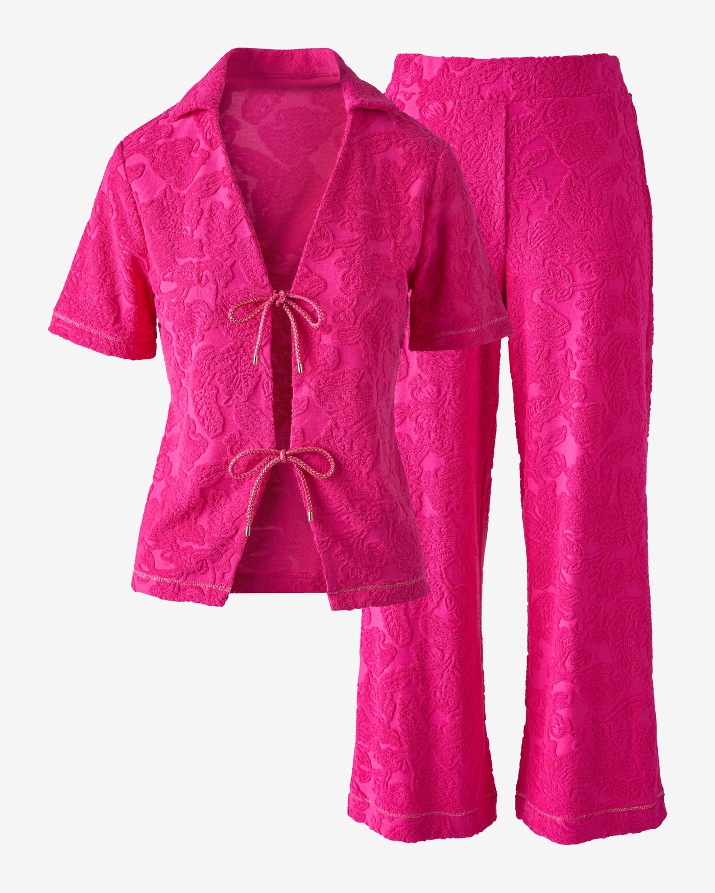 Textured Beach Terry Tie Front Shirt and Cropped Pant Set Blossom