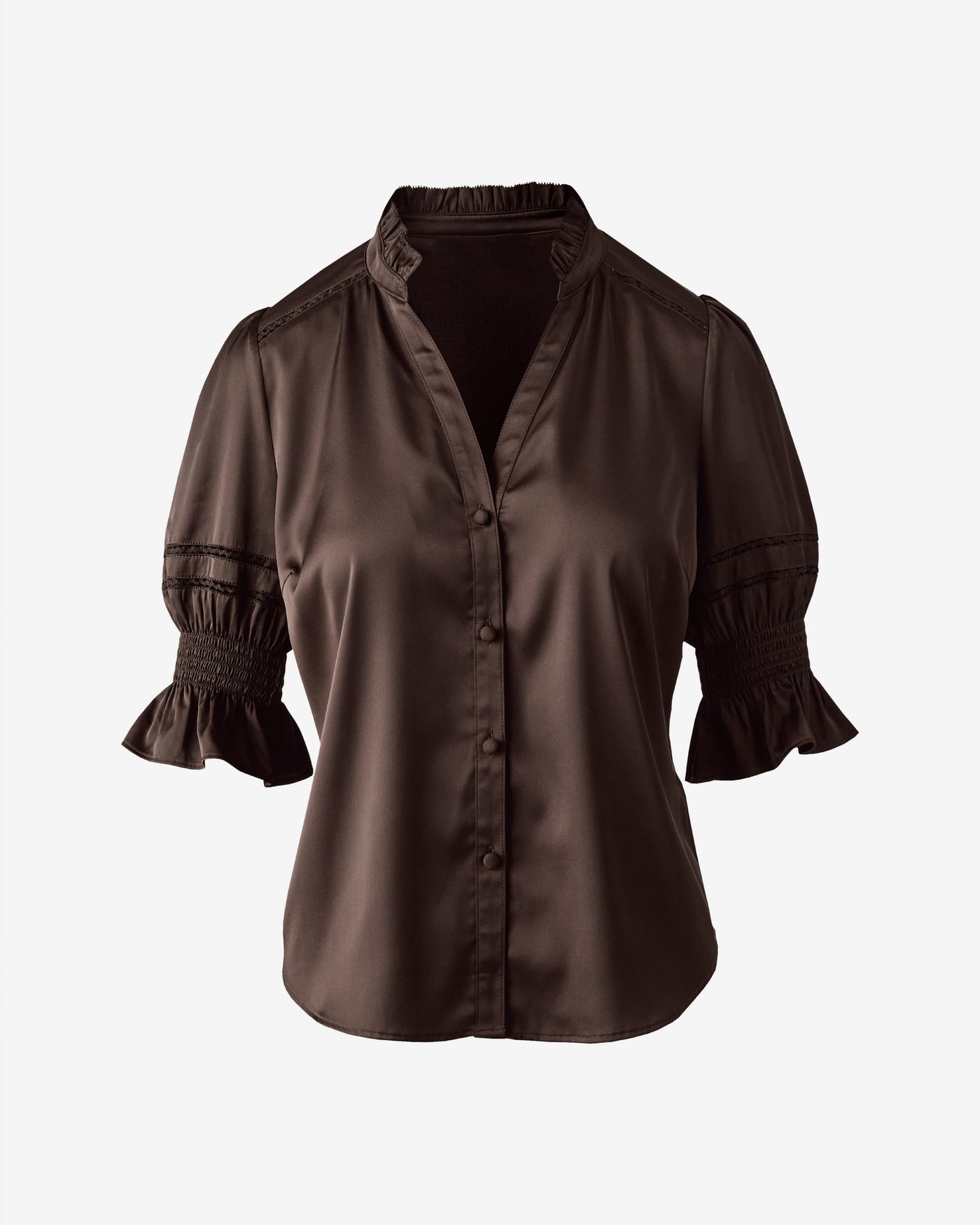 Charmeuse Ruffle Collar Short Sleeve Blouse Chocolate