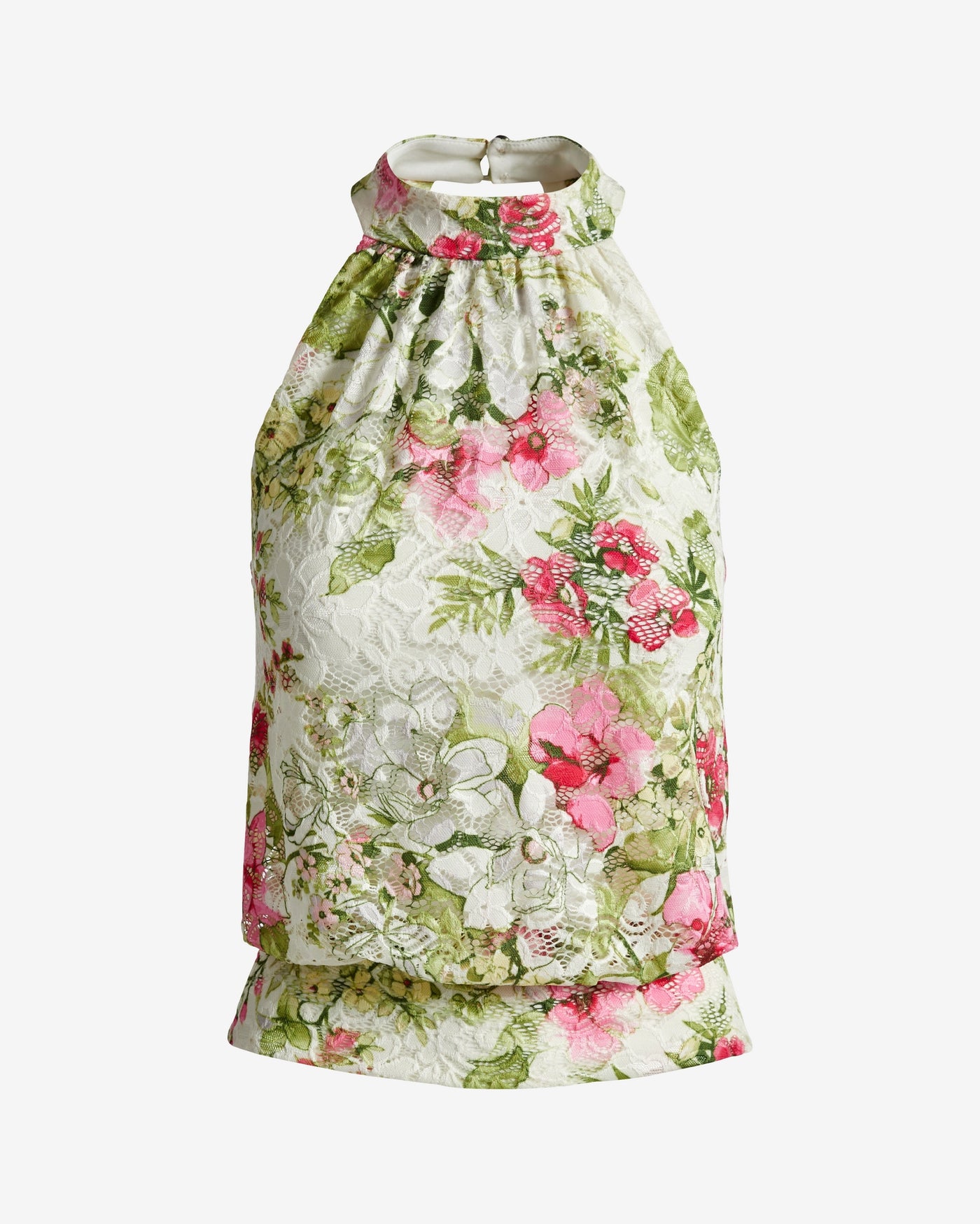 Printed Lace Mock Neck Blouson White Multi