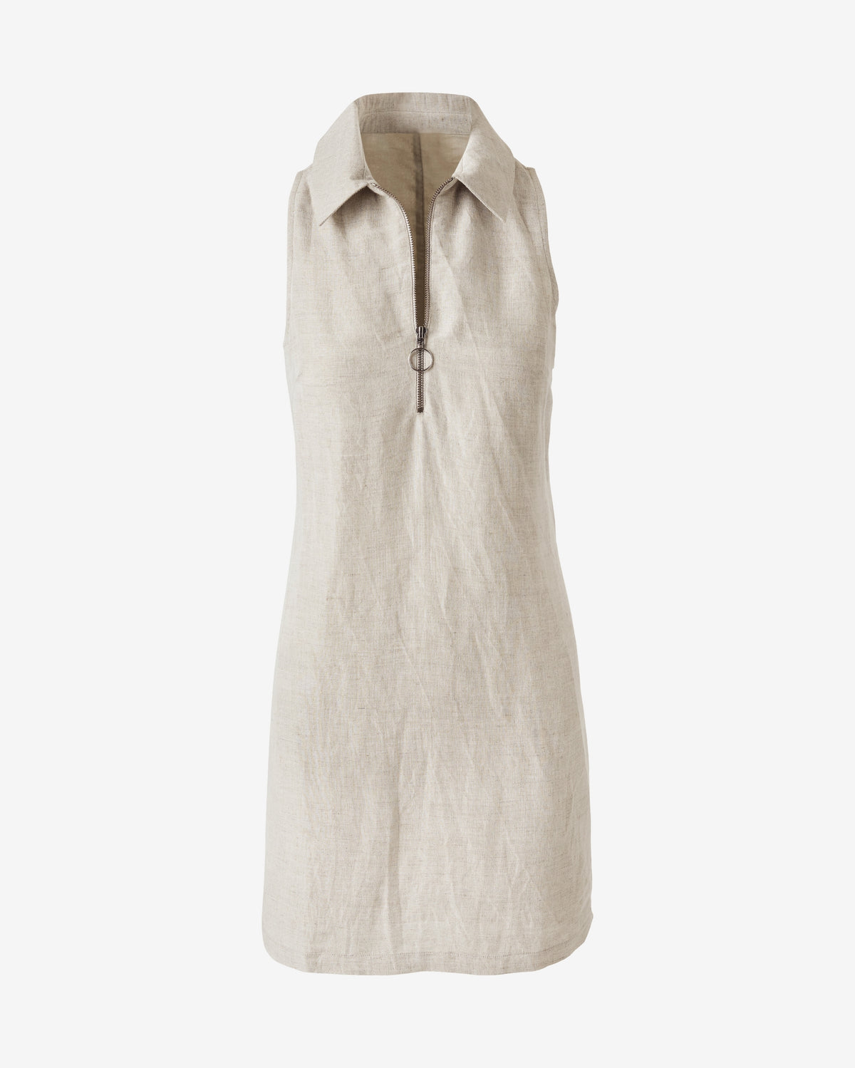 Zip Detail Linen Collared Shift Dress Flax