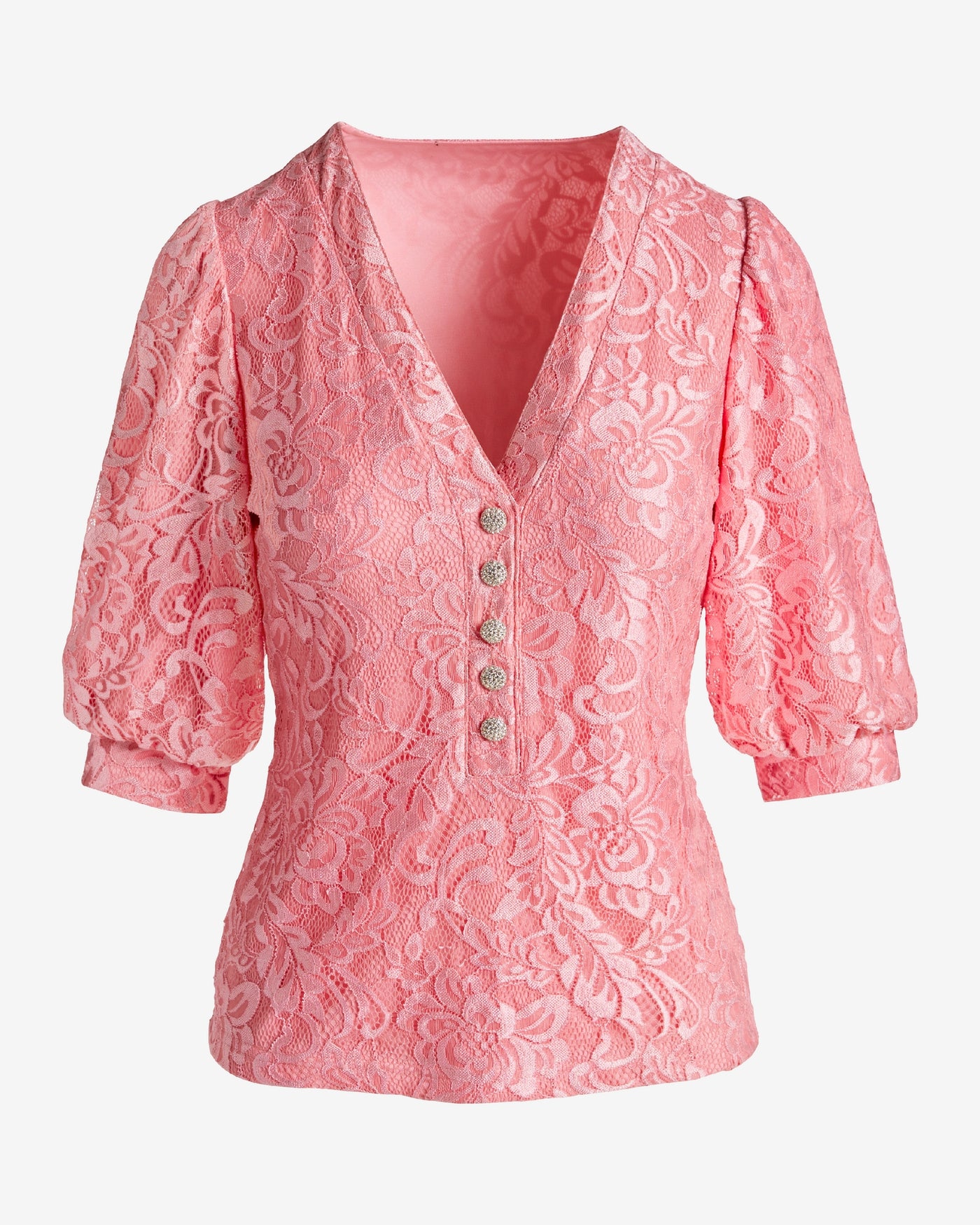 Lace Embellished Button Puff Sleeve Knit Top Flamingo Pink