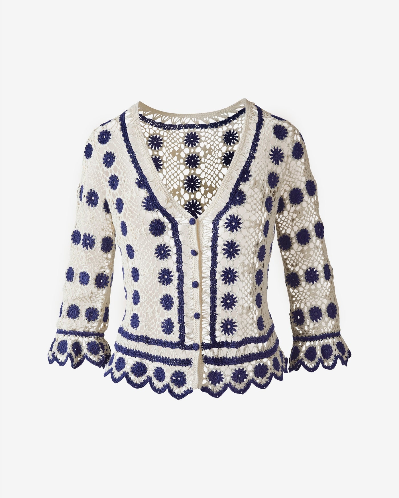 V-Neck Scallop Crochet Cardigan Navy/White