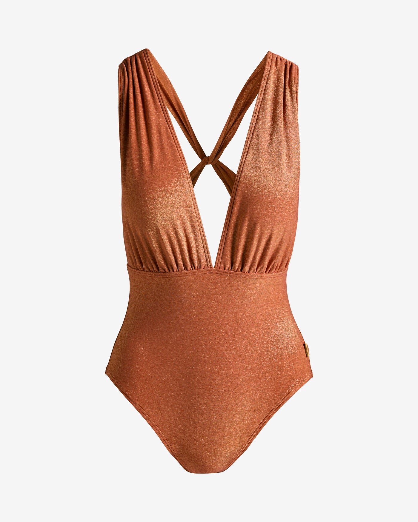 Vince Camuto Shimmer Plunge One Piece Swimsuit Almond