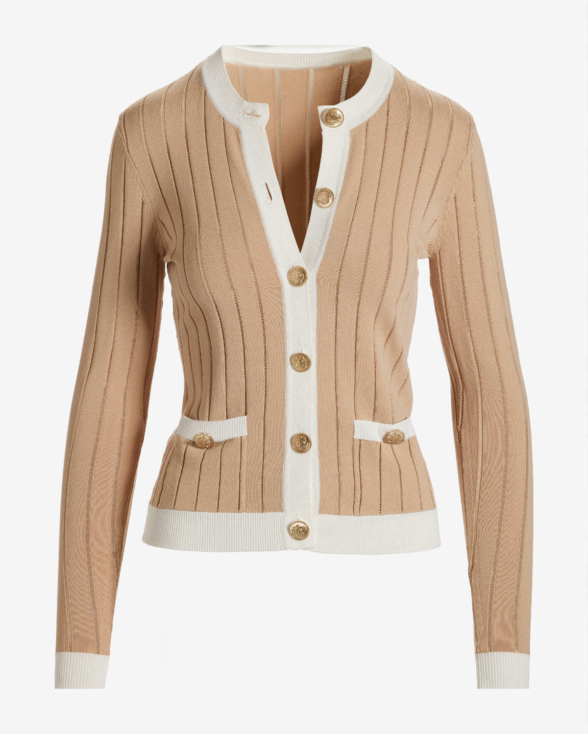 Color Block Button Up Cardigan Sweater Tan/White