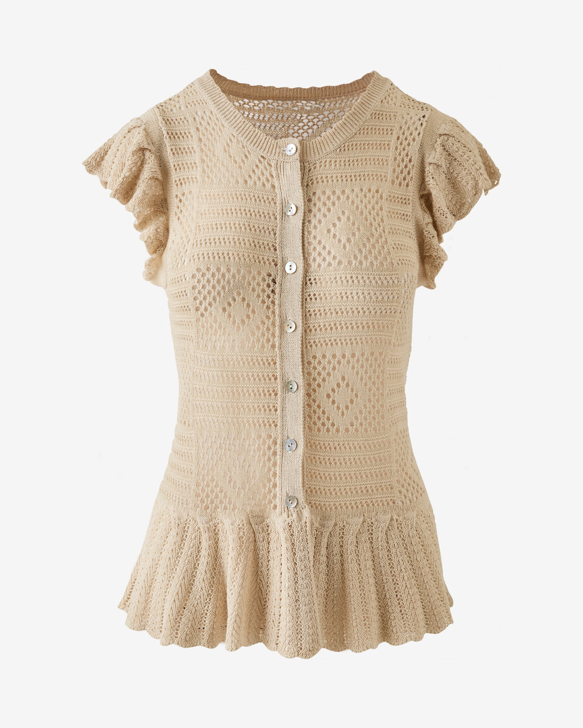 Button Front Pointelle Sweater Top Sandshell